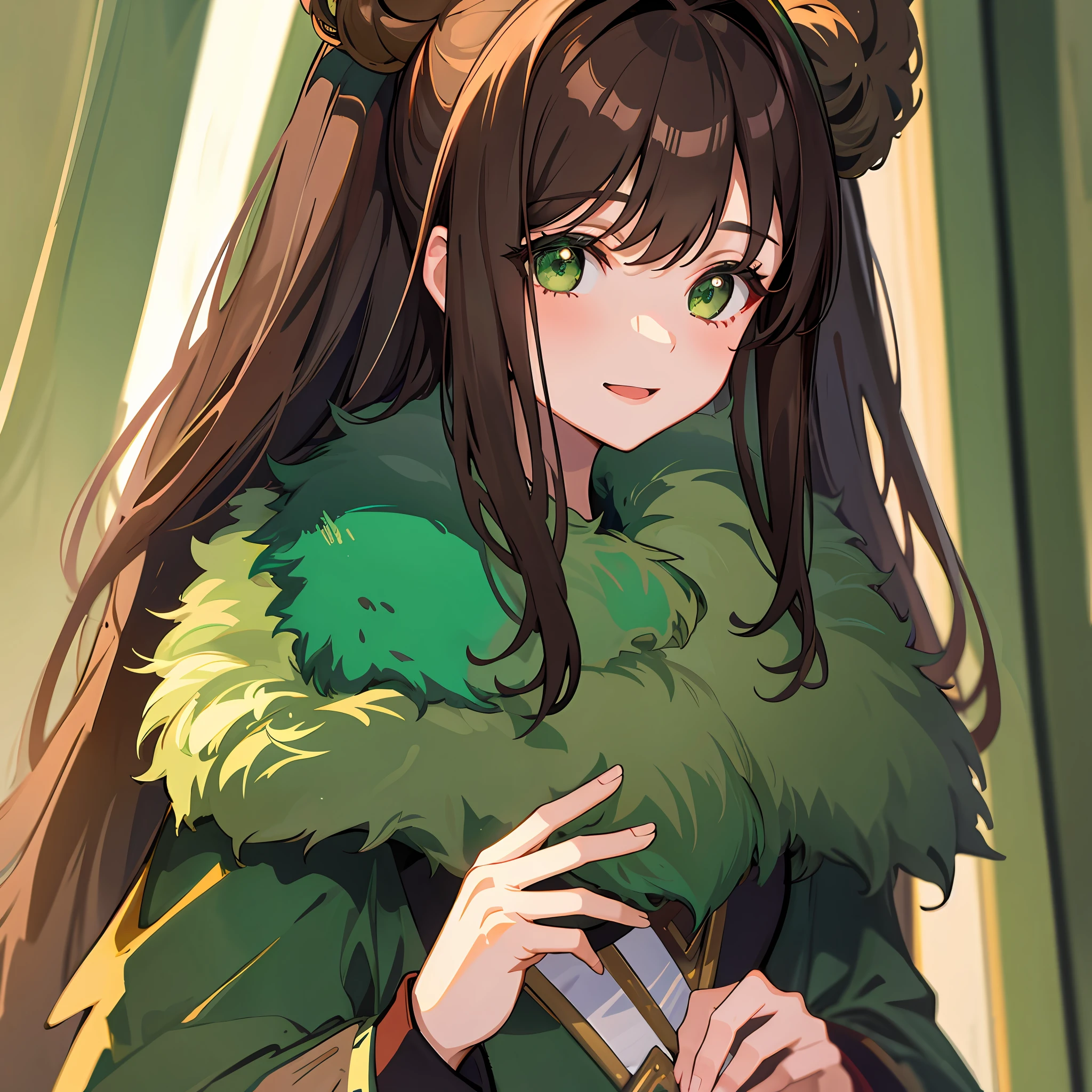 1girl, cheerful, brown hair, dark green eyes, dark green fur coat, spruce forest, elegant, sexy