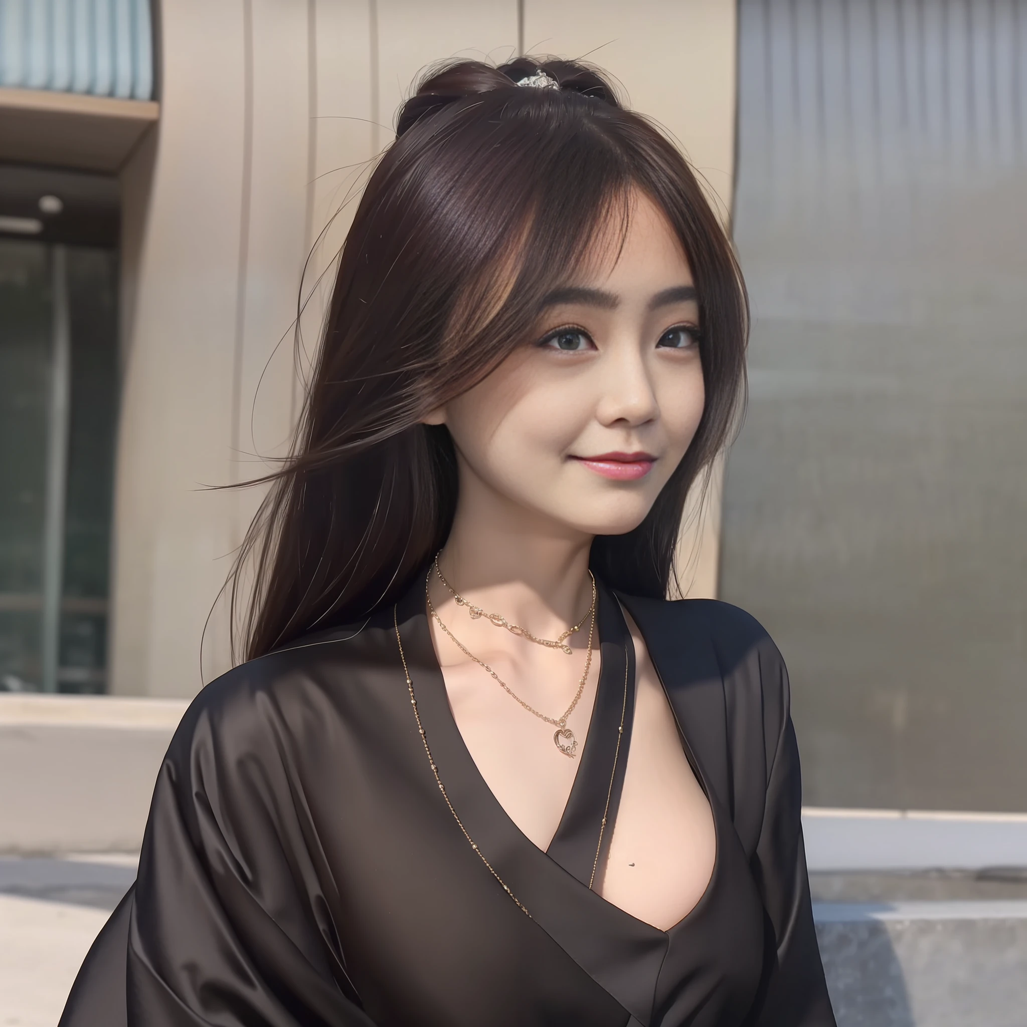 (Best Quality, 8k, 32k, Masterpiece, UHD: 1.2), Photo of Beautiful Chinese Woman, (Detailed Face: 1.1), Simple Black Suit, Looking at the Viewer, Full Body Photo, Necklace, Dress Shirt, Smile, Lower Body Long Skirt