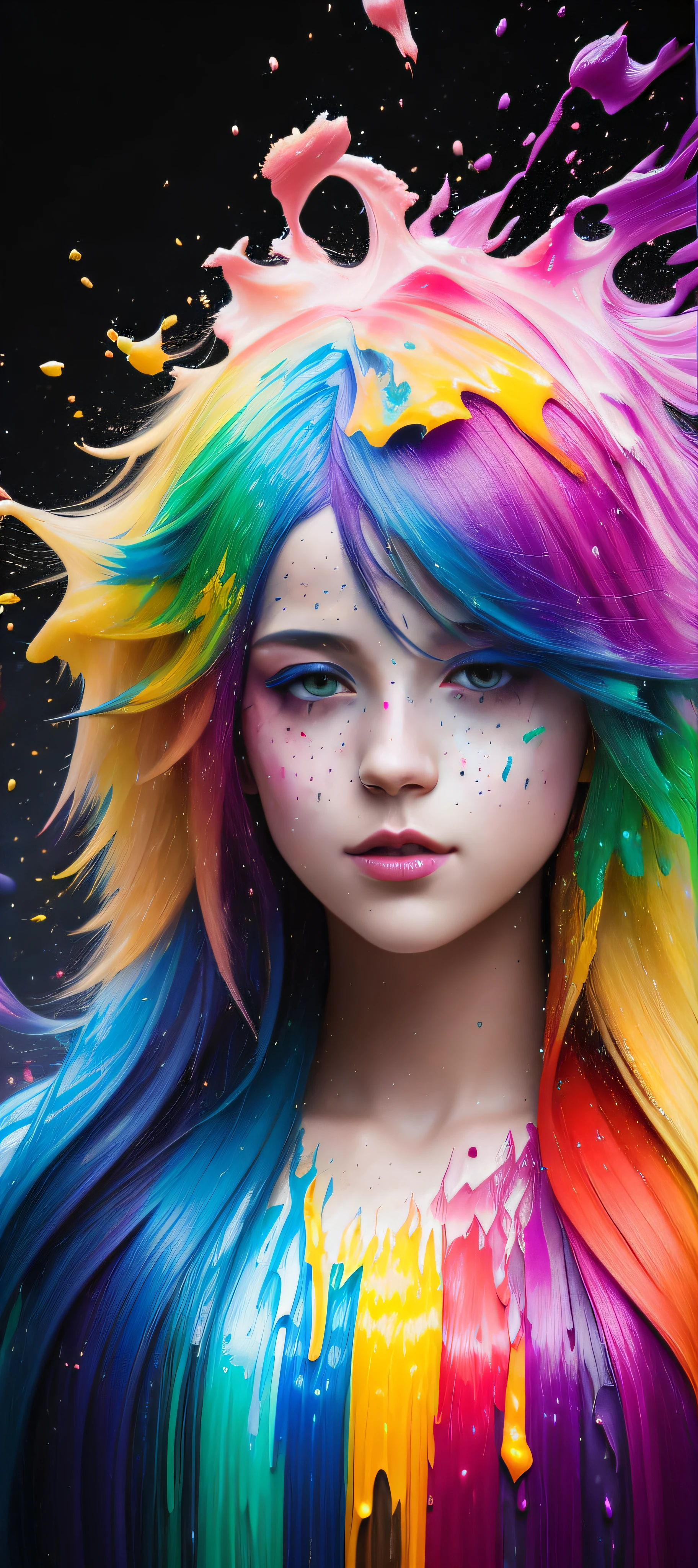 (level difference:1.8),(Paint colliding and splashing on the canvas),(depth of field),1girl's side face blends into it,(side face),open mouth,(liquid paint rainbow hair:1.1) made of paint and defies gravity,thick flowing,(paint splatter:1.3),Liquid state,stunningly beautiful, masterpiece, detailed background,ultra high quality model, ethereal background,abstract beauty, explosive volumetric, oil painting,heavy strokes,Romantic lighting,Sub-Surface Scatterring,lens 135mm,f1.8,glow,8k,high resolution, dreamy,ray tracing,hdr,god rays,