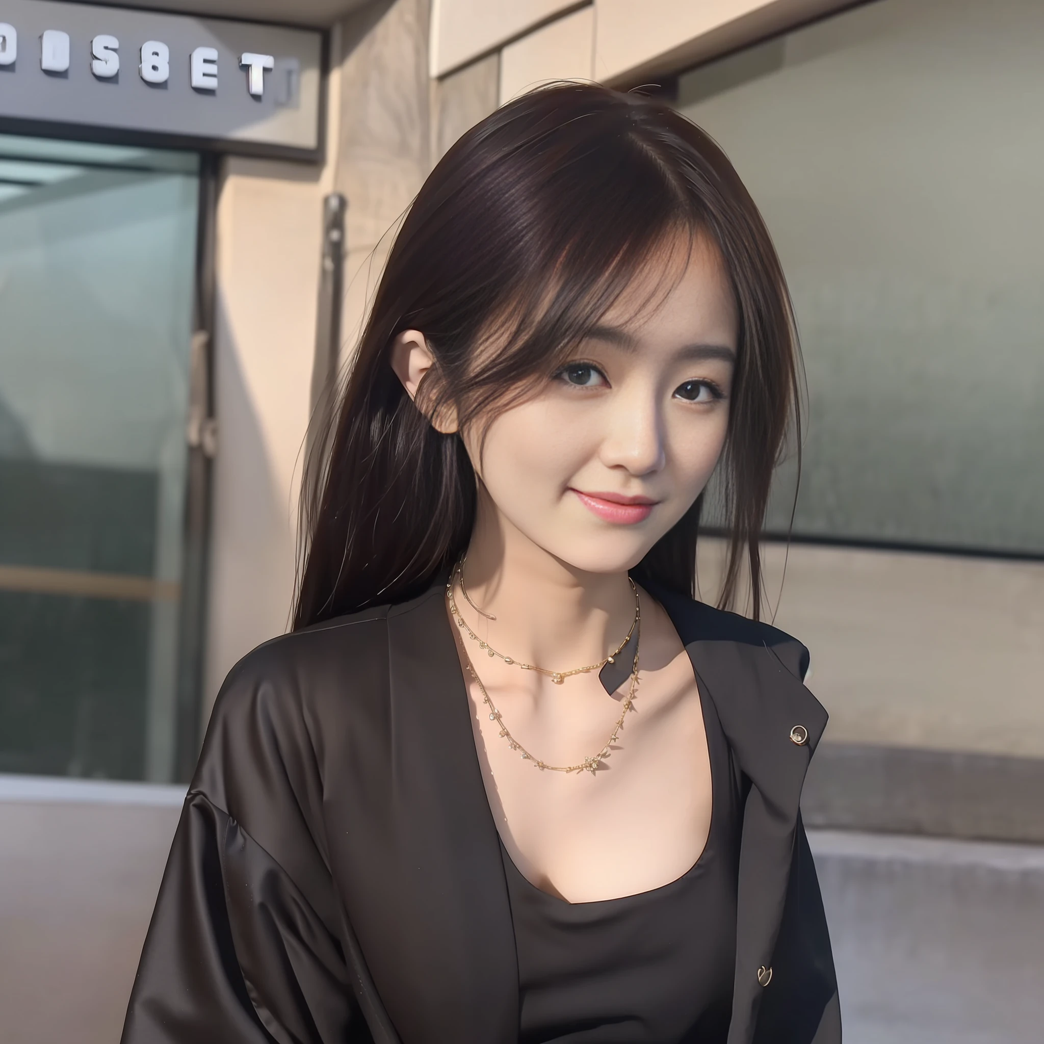 (Best Quality, 8k, 32k, Masterpiece, UHD: 1.2), Photo of Beautiful Chinese Woman, (Detailed Face: 1.1), Simple Black Suit, Looking at the Viewer, Full Body Photo, Necklace, Dress Shirt, Smile, Lower Body Long Skirt