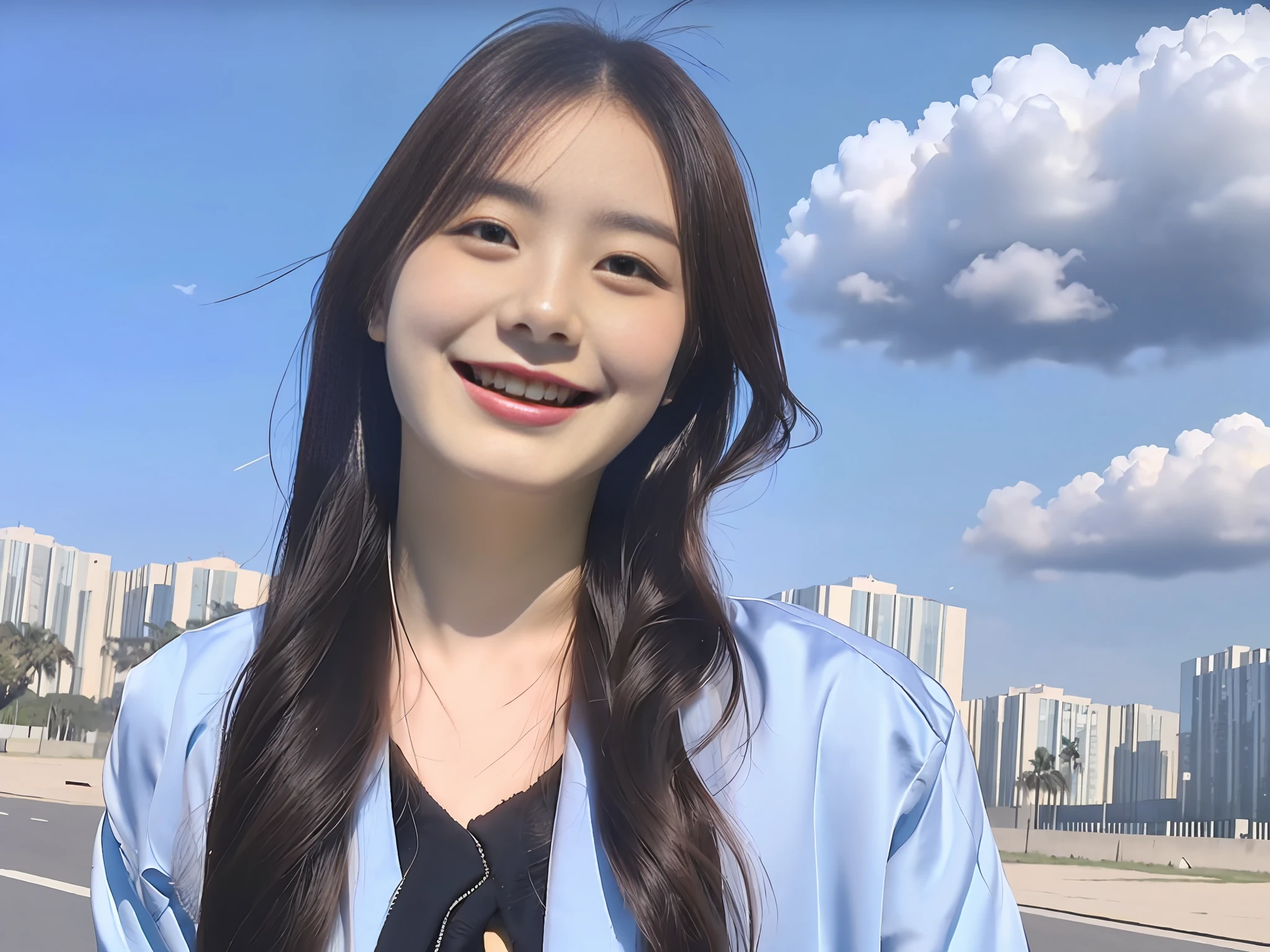 Masterpiece, best quality, beauty interacting outdoors, sunshine, clouds, clean blue sky, smile, long hair, beauty, black silk, sexy, have fun