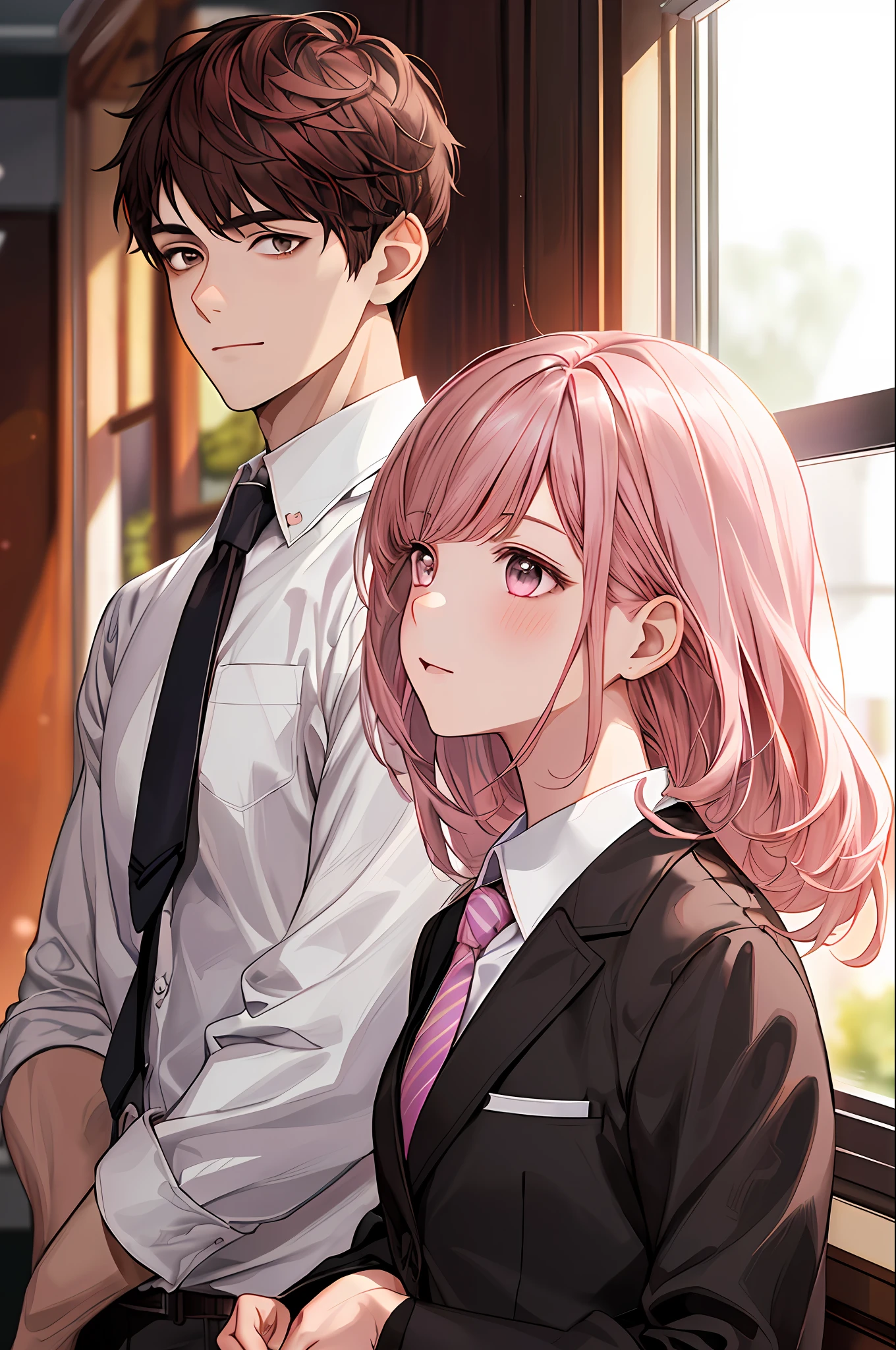 1 boy and 1 girl, (face-focused boy, Adult, dark brown hair, suitable for work, Jacket, white shirt, tie), (girl in school uniform , with detailed bows, pink hair side ties) best quality, , detailed face, office, blocks from the window, detailed background, sunlight shading, depth of field, bokeh