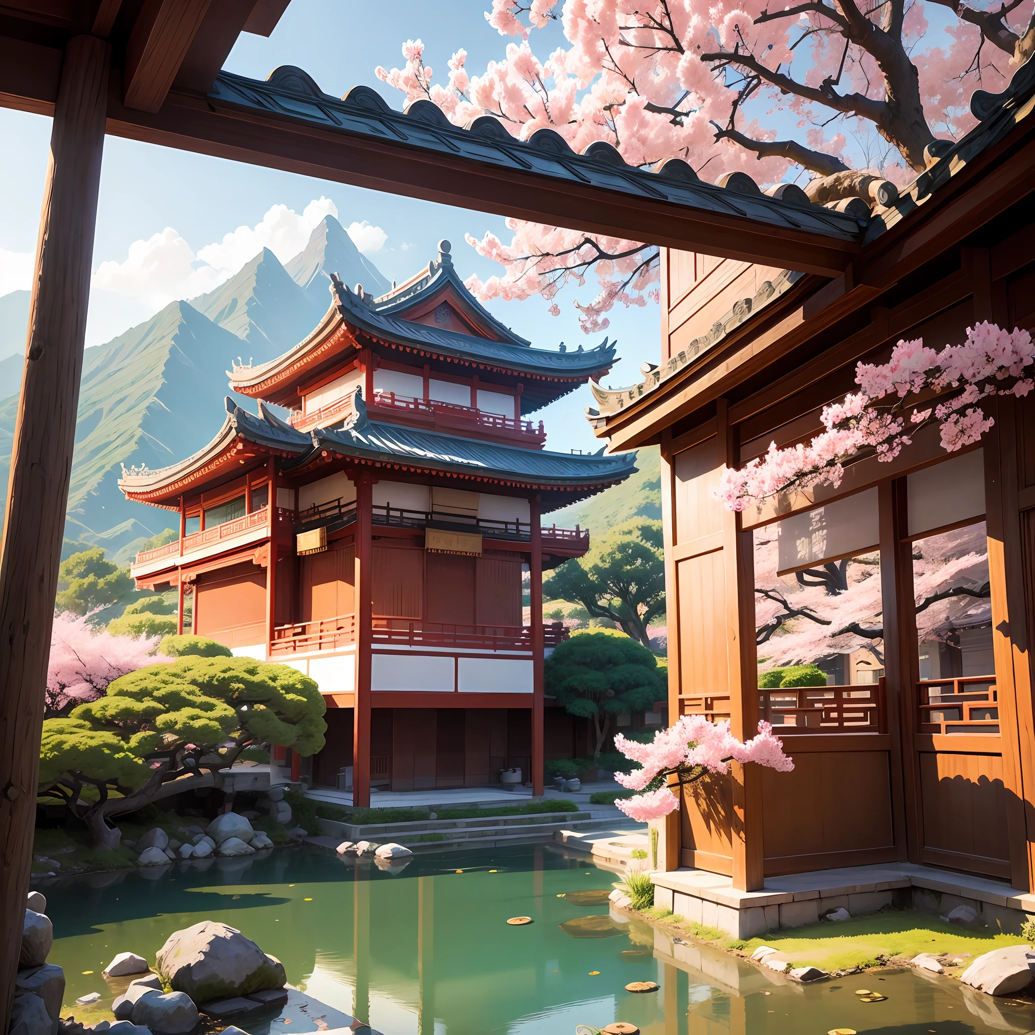 Print, Chinese garden, manga, colorful, sakura, frame, ancient china, with temple and with flowers falling on clear and sunny day with girl looking mountains.