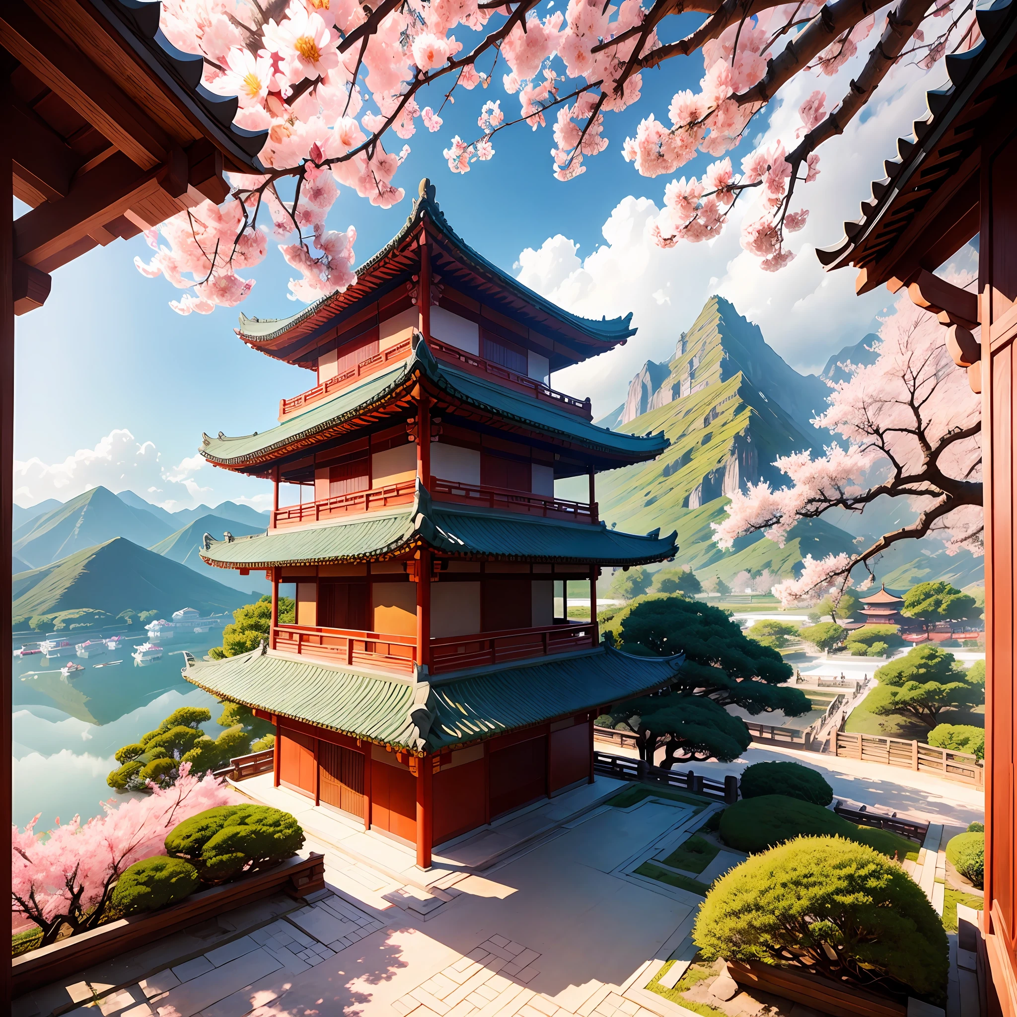 Print, Chinese garden, manga, colorful, sakura, frame, ancient china, with temple and with flowers falling on clear and sunny day with girl looking mountains.
