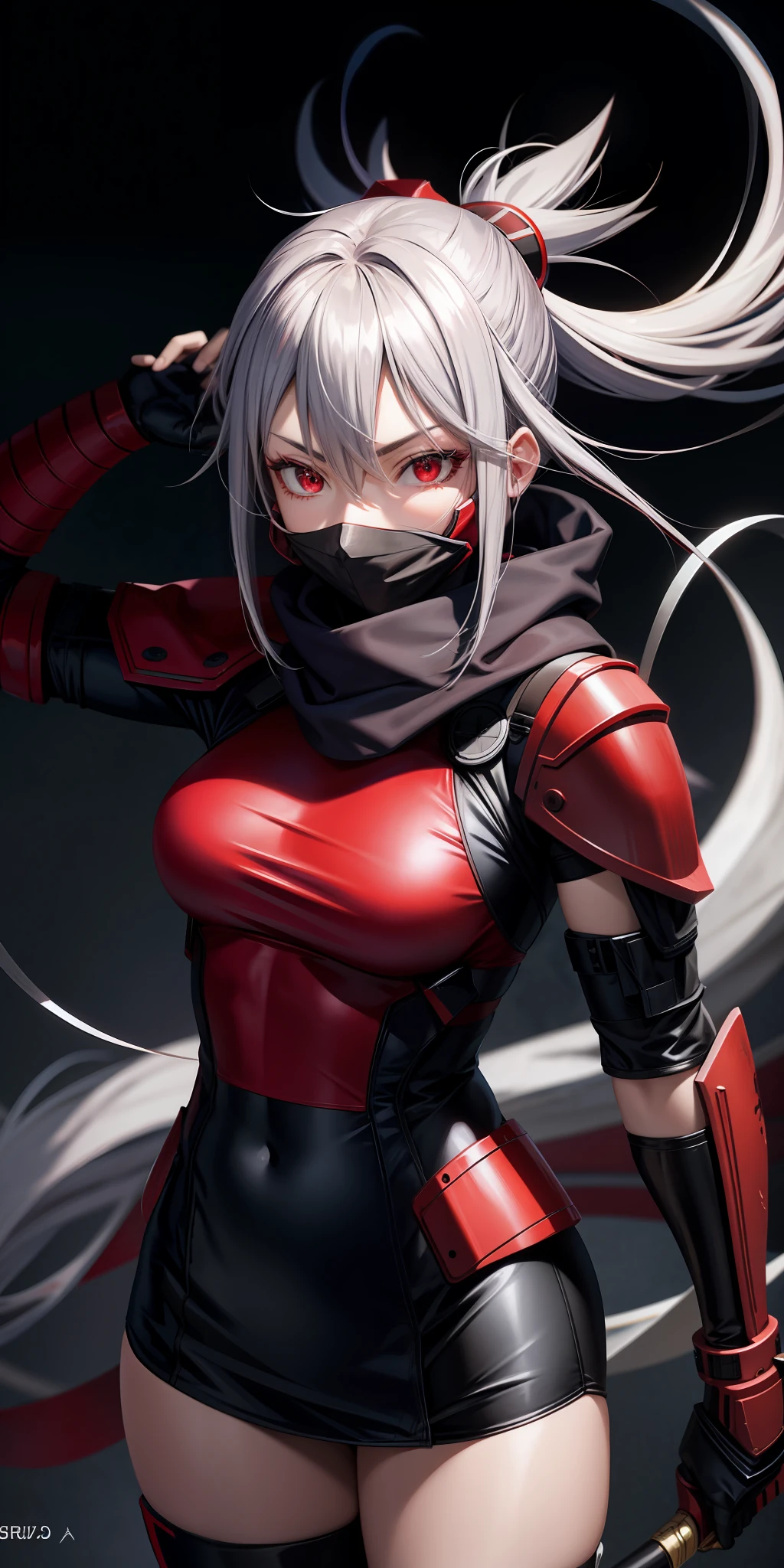 anime, single girl, gray hair, red eyes, female ninja, red long long scarf, stylish pose, red mask,