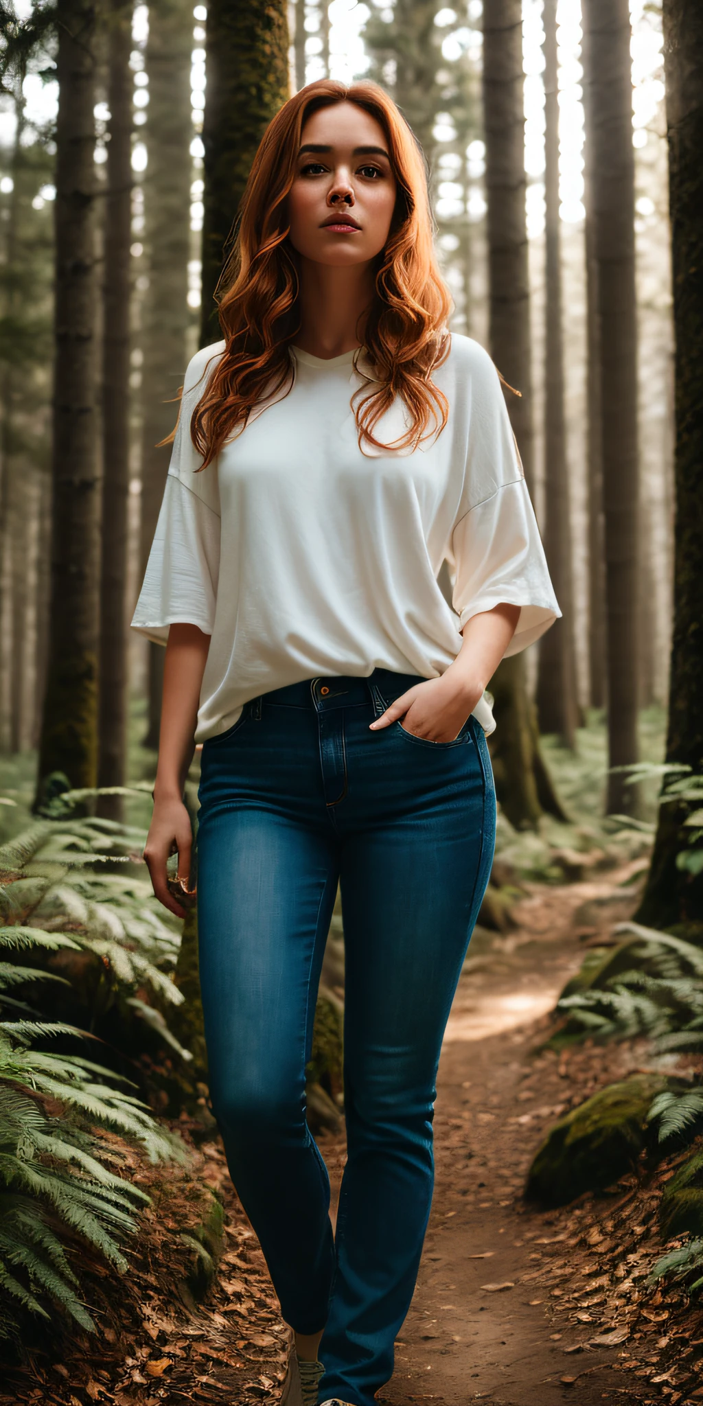 potrait of fullbody a european woman, wearing white clean tshirt and jeans, no font, ginger hair, winter forest, natural skin texture, 24mm, 4k textures, soft cinematic light, RAW photo, photorealism, photorealistic, intricate, elegant, highly detailed, sharp focus, ((((cinematic look)))), soothing tones, insane details, intricate details, hyperdetailed, low contrast, soft cinematic light, dim colors, exposure blend, hdr, faded