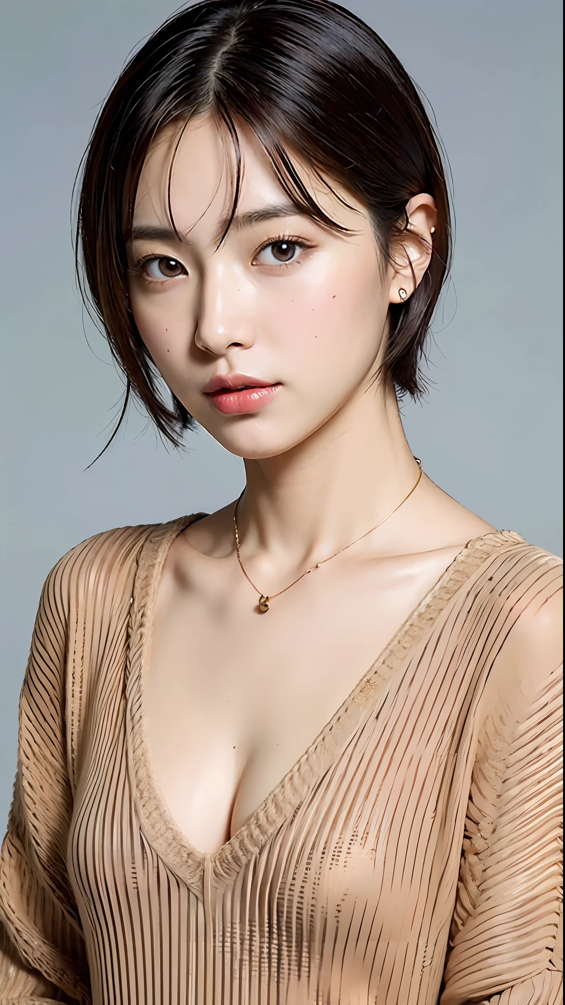 (Best Quality, 8k, 32k, Masterpiece, UHD: 1.2), Cute Japan Woman Pictures, Small Breasts, Very Short Bob Hair, Upper Body, Face Focus, oversized_sweater, Necklace, Simple Background, From Above, Look at the Viewer, Small, Flat Breasts,
