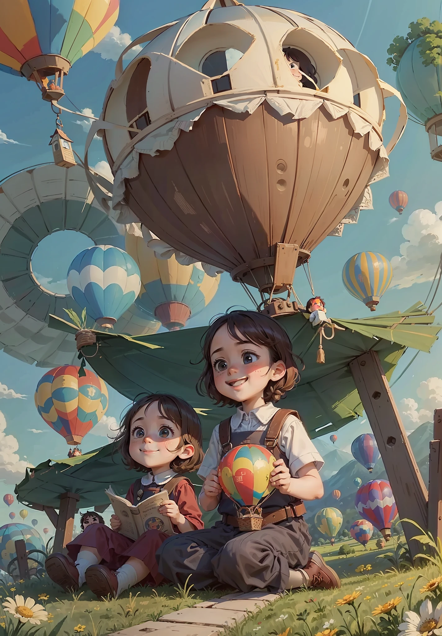 (Masterpiece, best quality) Two children sitting in hot air balloons, smiling, fine facial features, hot air balloons flying in the sky, sun, clean blue sky and white clouds, rainbows in the sky, meadows, summer