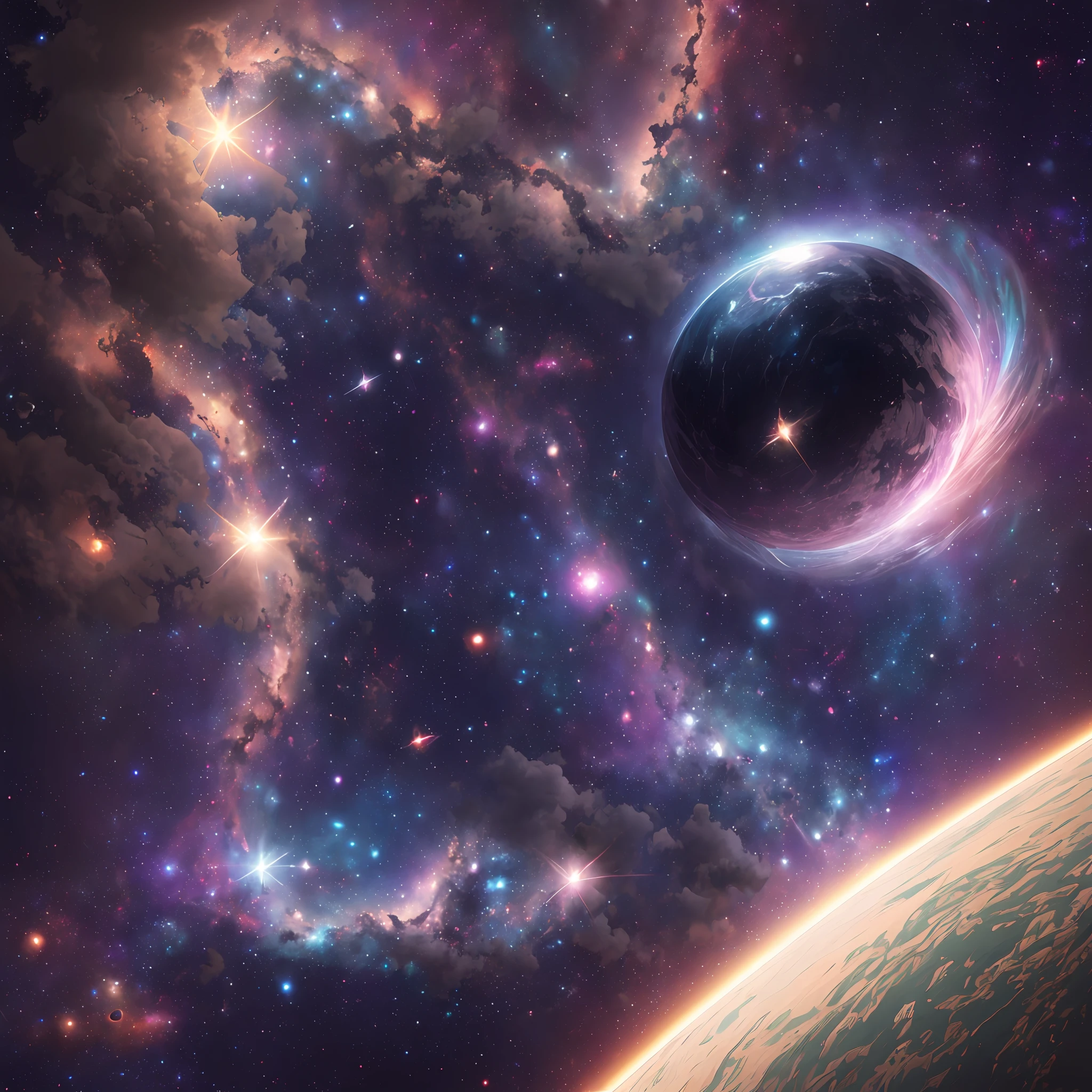 ((REAL))), ((MASTER))), ((BEST QUALITY)), ULTRA-DETAILED CG Unity 8k wallpapers, incredibly detailed and beautiful illustrations, floating, high resolution, dynamic, dark black background, stellar space, big white shining stars, colorful planets in the cosmic maelstrom --auto --s2