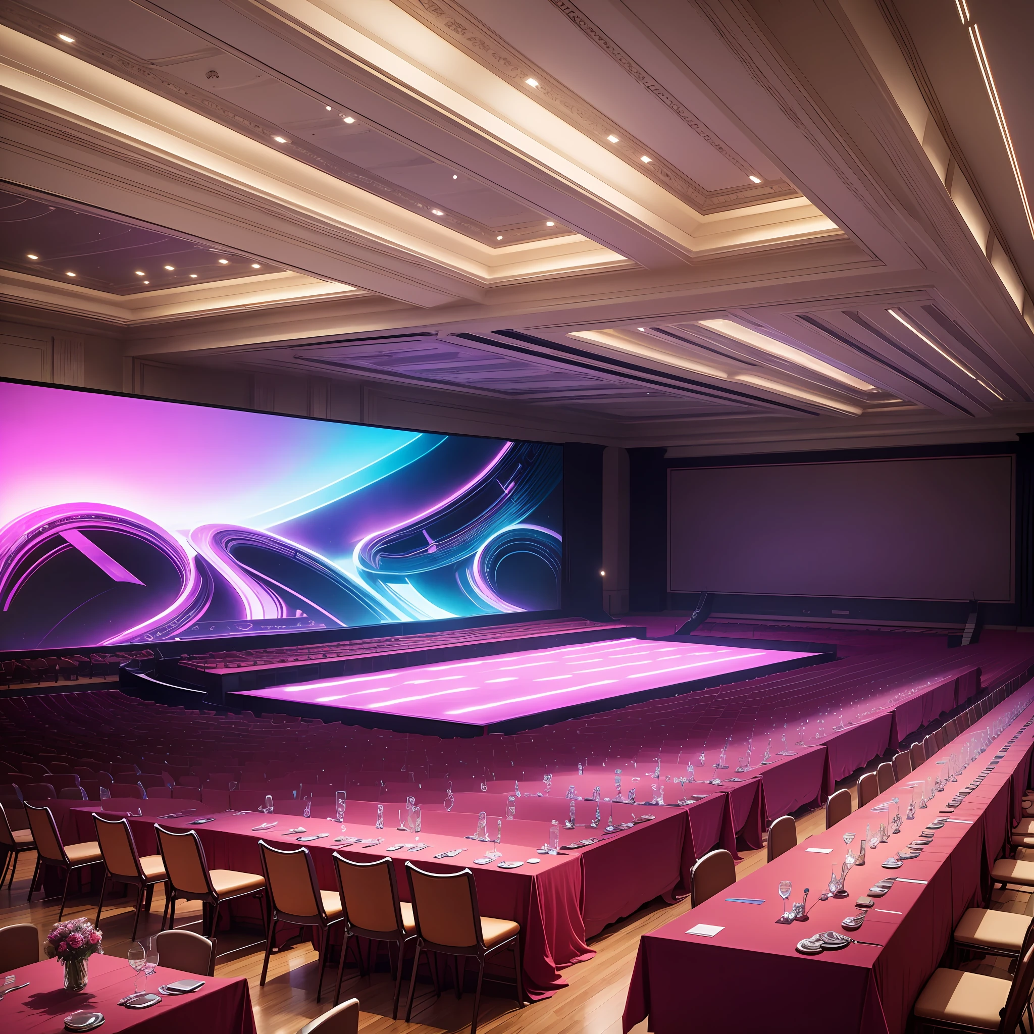 Grand ballroom, ultra-wide rectangular stage, floor-to-ceiling rectangular LED large display, cool beam lights, exhibition spotlights, LED dyed lights, sofa chairs, stage renderings --auto --s2
