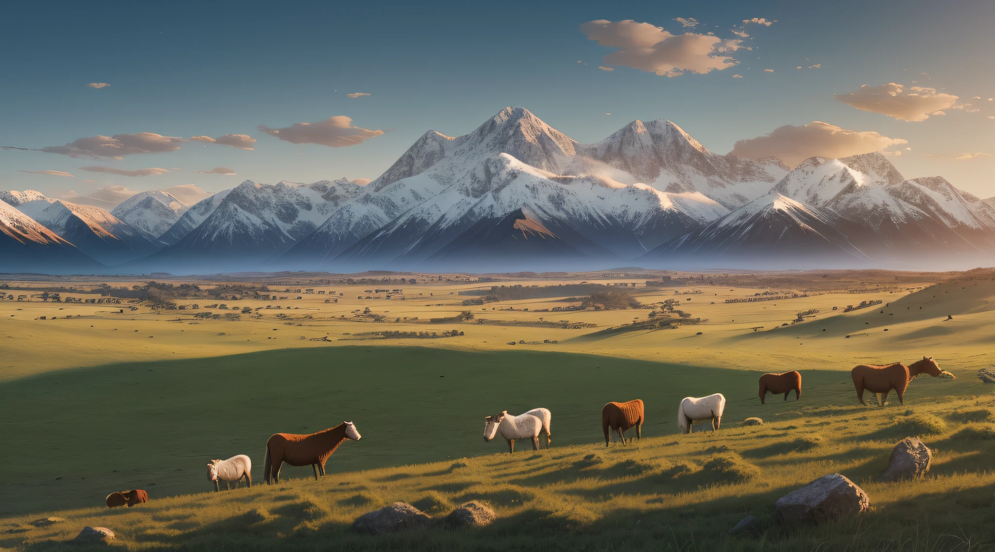 In the vast grassland, cattle and sheep flock, and grass spread to the sky. In the distance, a majestic mountain rises, covered in snow, in stark contrast to the steppe. It also depicts several herders, galloping across the grasslands on horses, whistling past. Realistic, 8K UHD, Studio Quality, Ultra Realistic, Maximum Detail, Massive Scale, Post-Process, Photorealistic, Photoshop, Photography, Detailed, Cinematic Lighting, Landscape, Panorama, Landscape, Ray Tracing, Cinema4D