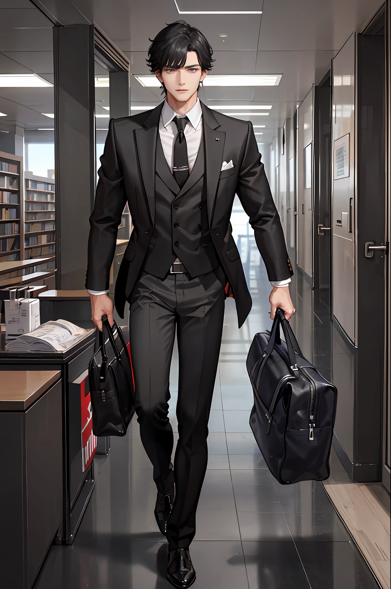 1boy, [detailed background (campus, college, library)], black hair, jet black hair, short black hair, korean hairstyle, neat hairstyle, lean and muscular male, alpha male, masculine male, tall male ((man wears a gray suit, gray trousers)) holding briefcase)), correct limbs, correct anatomy, handsome, Eye details, beautiful eyes, delicate eyes, grey eyes, broad chest, broad shoulders, tiny waist, long legs, serious face