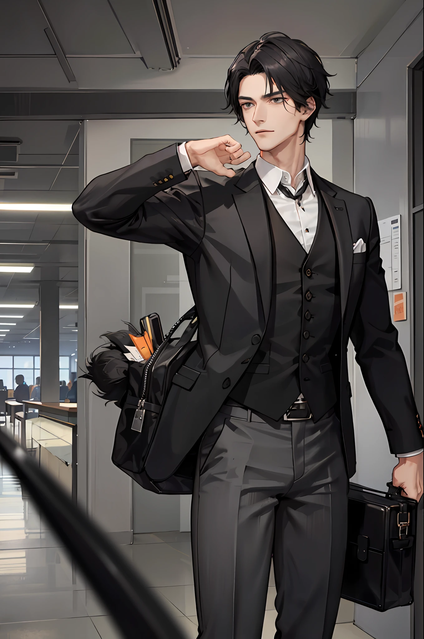 1boy, [detailed background (campus, college, library)], black hair, jet black hair, short black hair, korean hairstyle, neat hairstyle, lean and muscular male, alpha male, masculine male, tall male ((man wears a gray suit, gray trousers)) holding briefcase)), correct limbs, correct anatomy, handsome, Eye details, beautiful eyes, delicate eyes, grey eyes, broad chest, broad shoulders, tiny waist, long legs, serious face