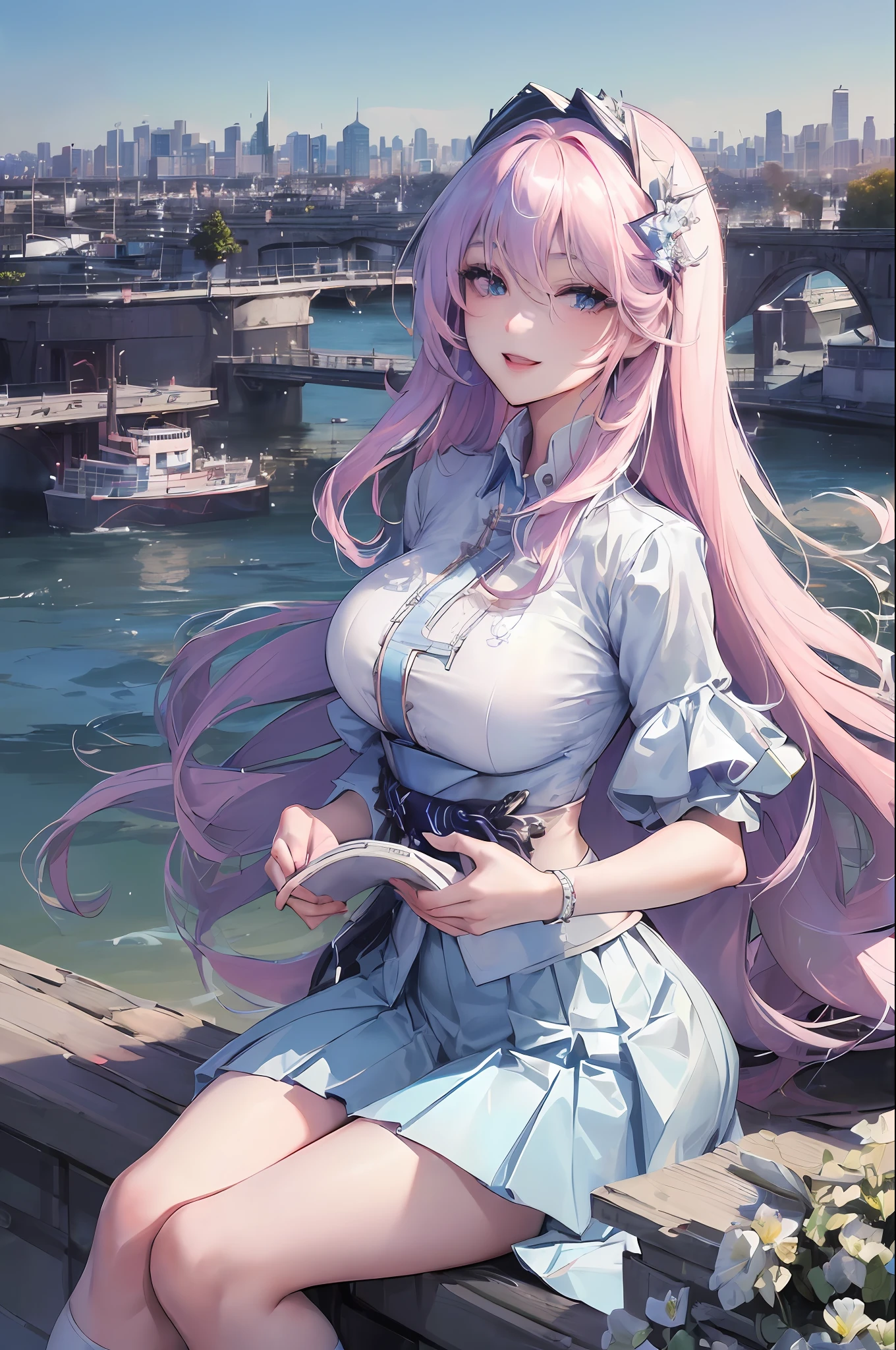 official art, masterpiece, sharp focus, (beautiful gorgeous cute Korean woman:1.3), (beautiful cute korean:1.3), korean beauty, Delicate and beautiful hair and eyes and face, realistic, ultra detailed, beautiful girl, blue sky, glow white particle, (sidelighting:1.2), sun light, white cloud, detailed clouds, slender, Lovely very large breasts and very large hips, smile with teeth, ((smile with eyes, open both eyes)), scenery, long straight hair, sexy facial expression, building, (cityscape:1.7), dynamic hair, long straight hair, detailed platinum pink hair, glow blue eyes, (blue pleated shirts + white skirt), white long socks, pale skin, hair ornament, epic scenery,