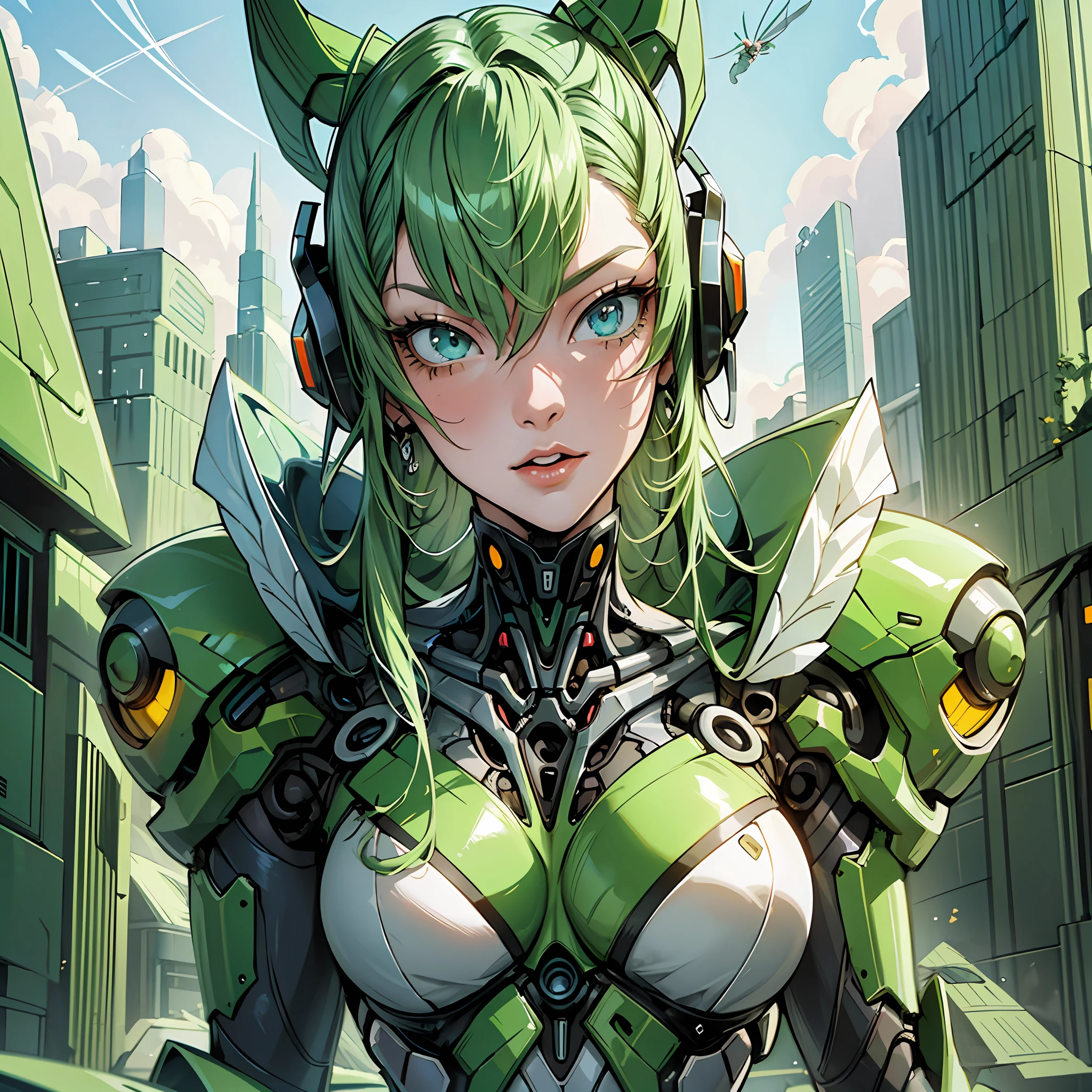 Close up portrait of woman in mantis color costume, best anime 4K wallpaper, cyberpunk mantis, mechanized valkyrie girl, biomechanical, human structure bee concept art, highly detailed artgerm based on mantis, full body, cyborg man mantis, anime style 4k, insect trainer girl, mantis,