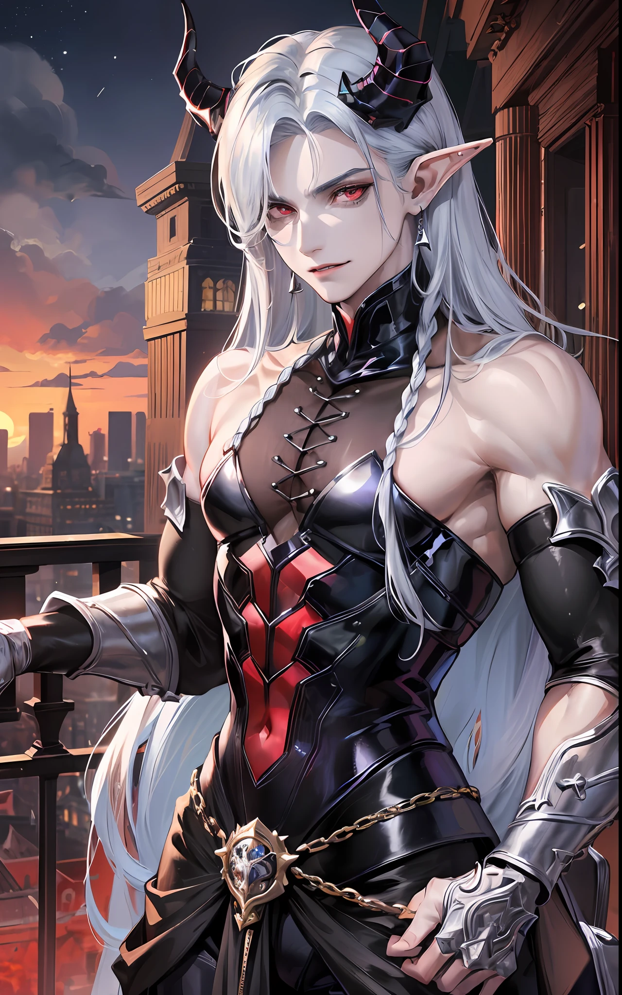 (((1man))), masculine, masculine face, attractive, masterpiece, absurdres, best quality, intricate details, (shiny skin, shiny body, shiny oily luster skin, shiny hair, pale skintone), Sundown, attractive, ((muscular)), adult, one, earrings, Don't look at the view , Not looking at the view, blue hair, braided hair, perfect detailed face, perfect detailed hands, incubus, horns, red eyes, elf ears, smirk, silver ornaments, masculine features, masculine face, (((night))), moonlight, darkness, dark light, character seen from afar, winter clothes, perfect detailed eyes, perfect detailed face, perfect proportions, (medium large shoot), ((MLS)), black pants