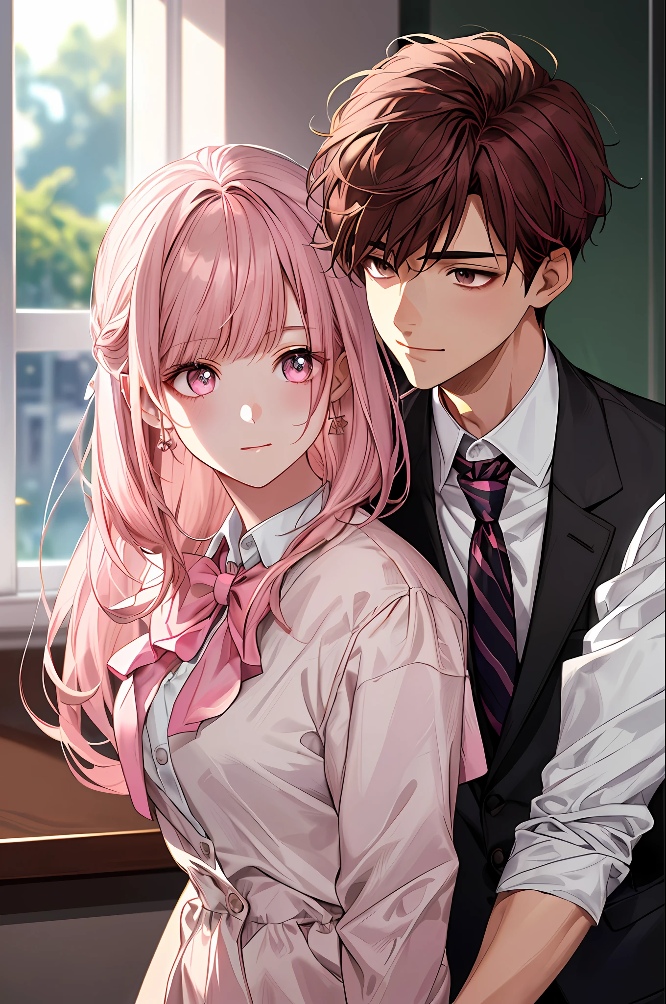 1 boy and 1 girl, (face-focused boy, Adult, dark brown hair, suitable for work, Jacket, white shirt, tie), (girl in school uniform white , with detailed bows, pink hair side ties) best quality, , detailed face, office, blocks from the window, detailed background, sunlight shading, depth of field, bokeh