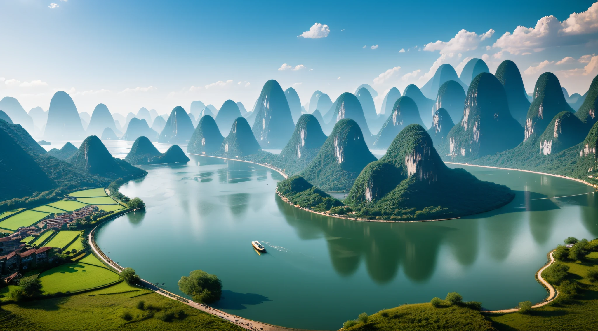 The Li River in the face is crystal clear, and the Guilin peaks on both sides of the river bank are towering into the clouds, each with its own characteristics, and the fairyland-like scenery is intoxicating. There are also several small boats boating on the river, enjoying the beauty of the surroundings along the way. There is also an old bridge in the distance, an ancient tower, which adds to the historical and cultural atmosphere of the picture. Realistic, 8K UHD, Studio Quality, Ultra Realistic, Maximum Detail, Massive Scale, Post-Process, Photorealistic, Photoshop, Photography, Detailed, Cinematic Lighting, Landscape, Panorama, Landscape, Ray Tracing, Cinema4D