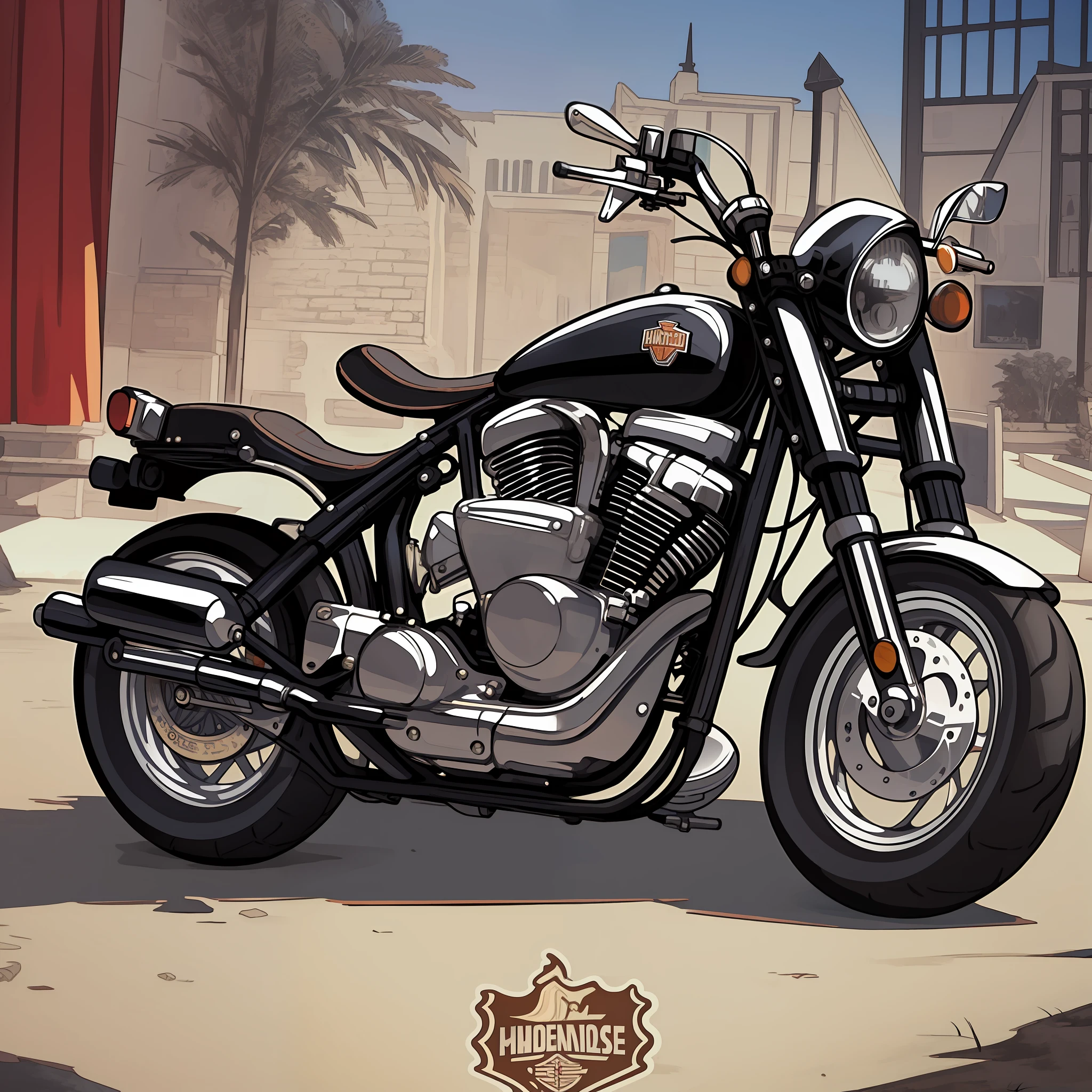 ((Masterpiece)) (Illustration:1.3) Harley davidson vintage The design captures all the iconic elements of the motorcycle, from the classic shape to the authentic details such as headlights, chrome exhausts and spoked wheels., (No Human:1.3)