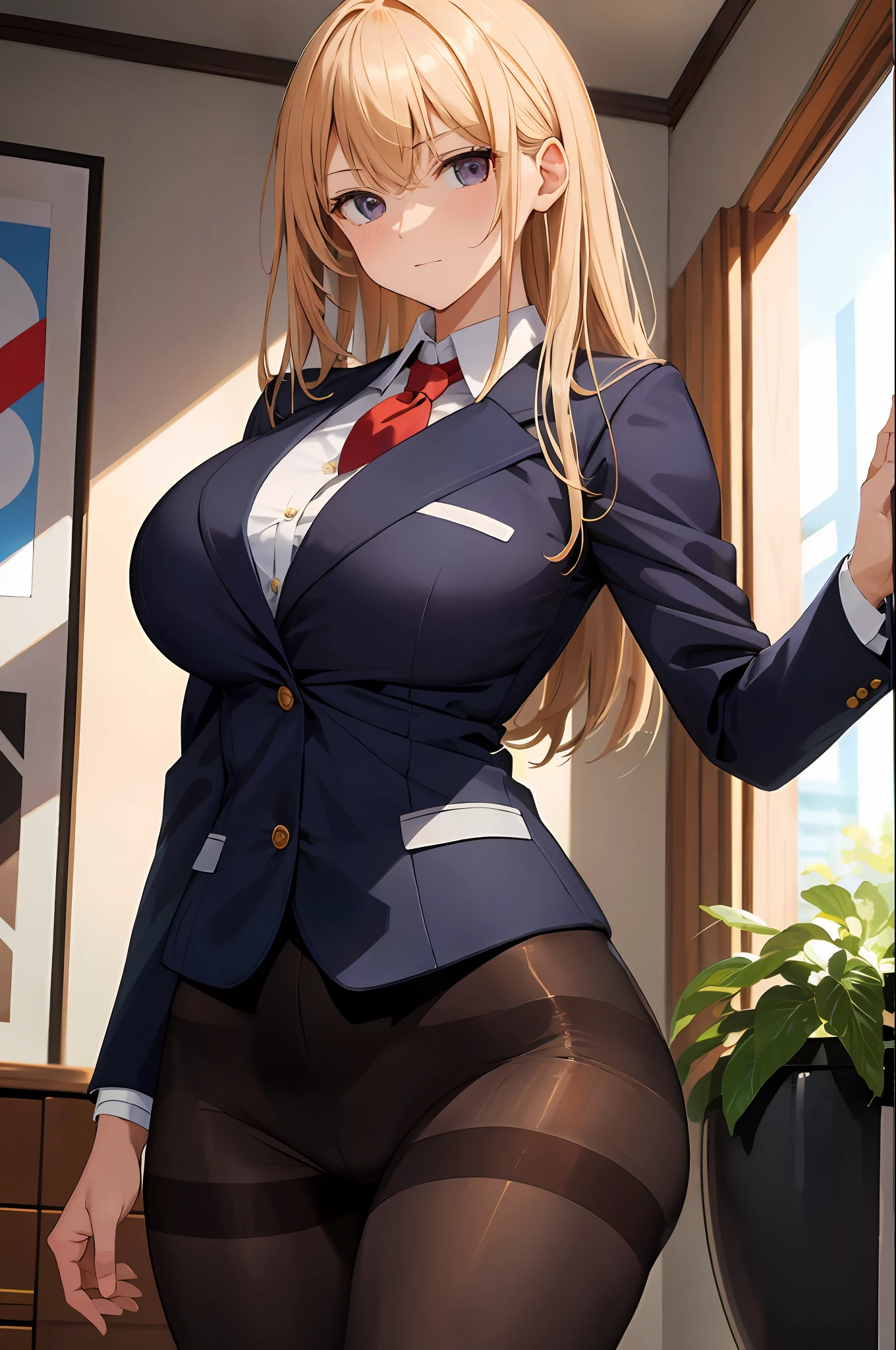 masterpiece, best quality, finely detailed, high resolution, extremely delicate and beautiful, (blazer), (huge breasts), (pantyhose)