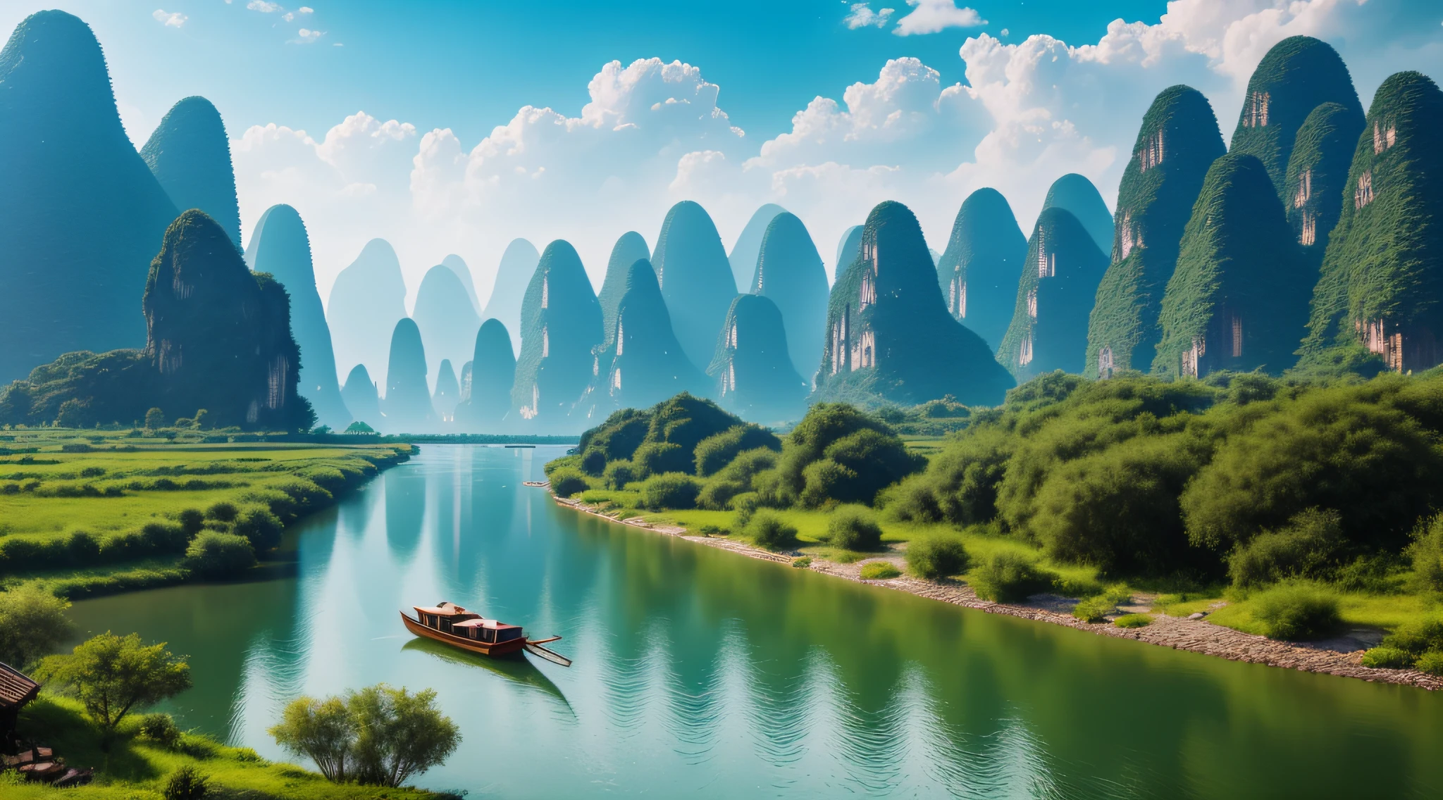 The Li River in the face is crystal clear, and the Guilin peaks on both sides of the river bank are towering into the clouds, each with its own characteristics, and the fairyland-like scenery is intoxicating. There are also several small boats boating on the river, enjoying the beauty of the surroundings along the way. There is also an old bridge in the distance, an ancient tower, which adds to the historical and cultural atmosphere of the picture. Realistic, 8K UHD, Studio Quality, Ultra Realistic, Maximum Detail, Massive Scale, Post-Process, Photorealistic, Photoshop, Photography, Detailed, Cinematic Lighting, Landscape, Panorama, Landscape, Ray Tracing, Cinema4D