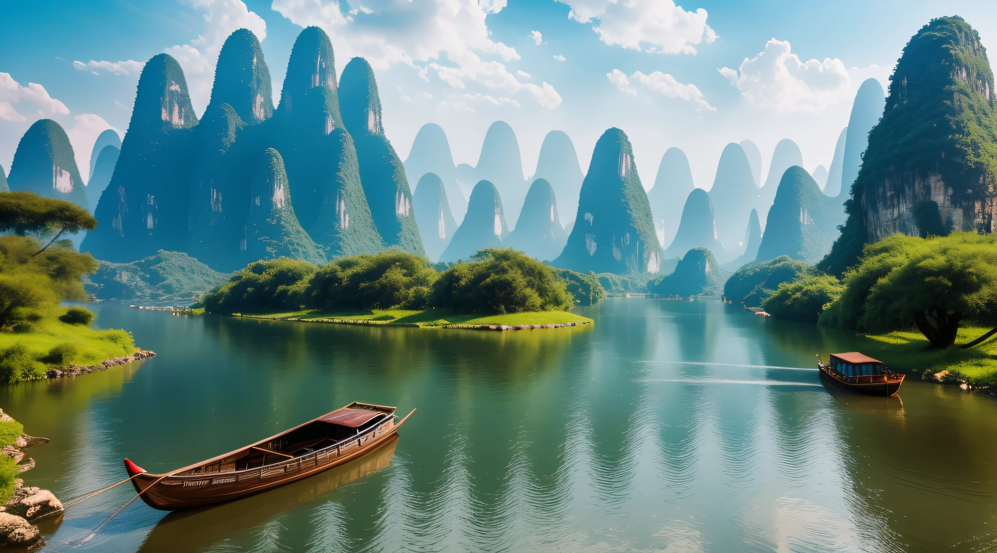 The Li River in the face is crystal clear, and the Guilin peaks on both sides of the river bank are towering into the clouds, each with its own characteristics, and the fairyland-like scenery is intoxicating. There are also several small boats boating on the river, enjoying the beauty of the surroundings along the way. There is also an old bridge in the distance, an ancient tower, which adds to the historical and cultural atmosphere of the picture. Realistic, 8K UHD, Studio Quality, Ultra Realistic, Maximum Detail, Massive Scale, Post-Process, Photorealistic, Photoshop, Photography, Detailed, Cinematic Lighting, Landscape, Panorama, Landscape, Ray Tracing, Cinema4D