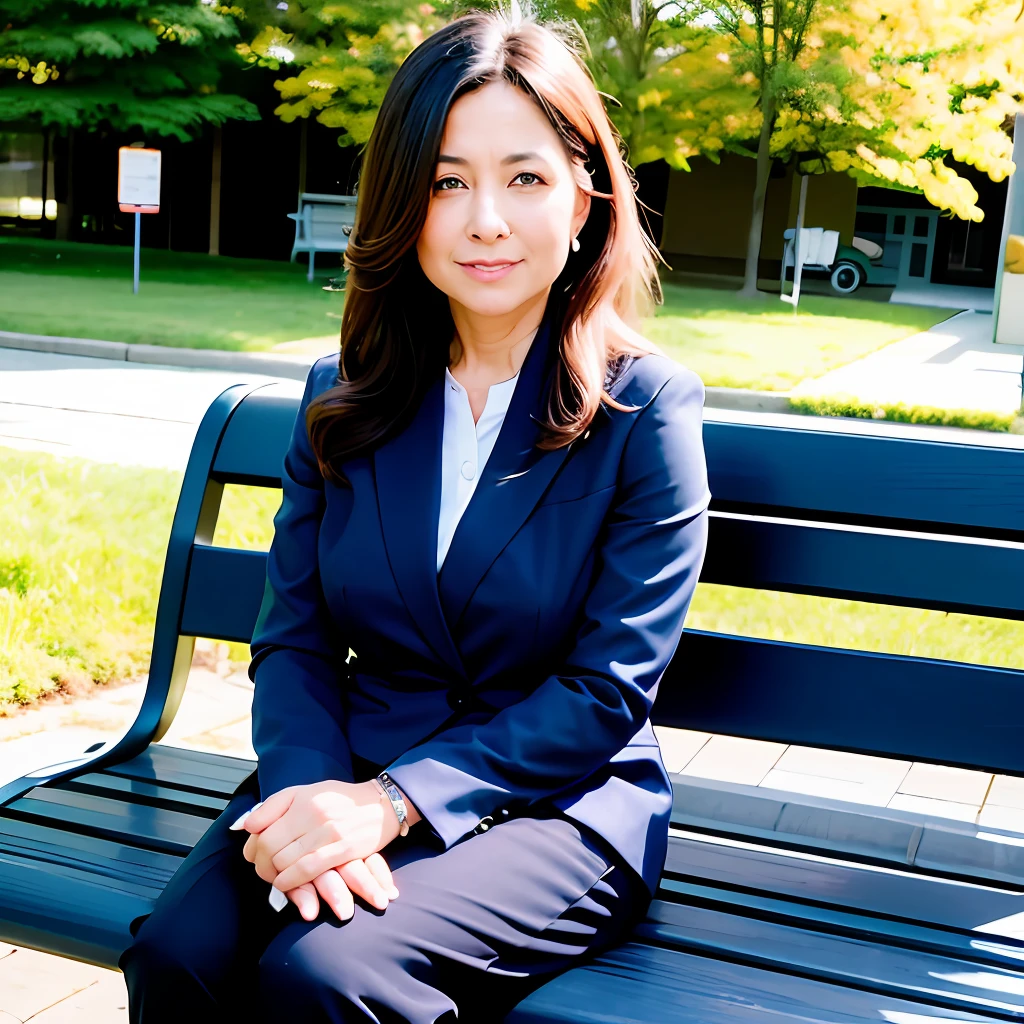 A beautiful 50-year-old woman with long hair, light eyes, dressed in a suit, sitting on the bench of a blue sky square