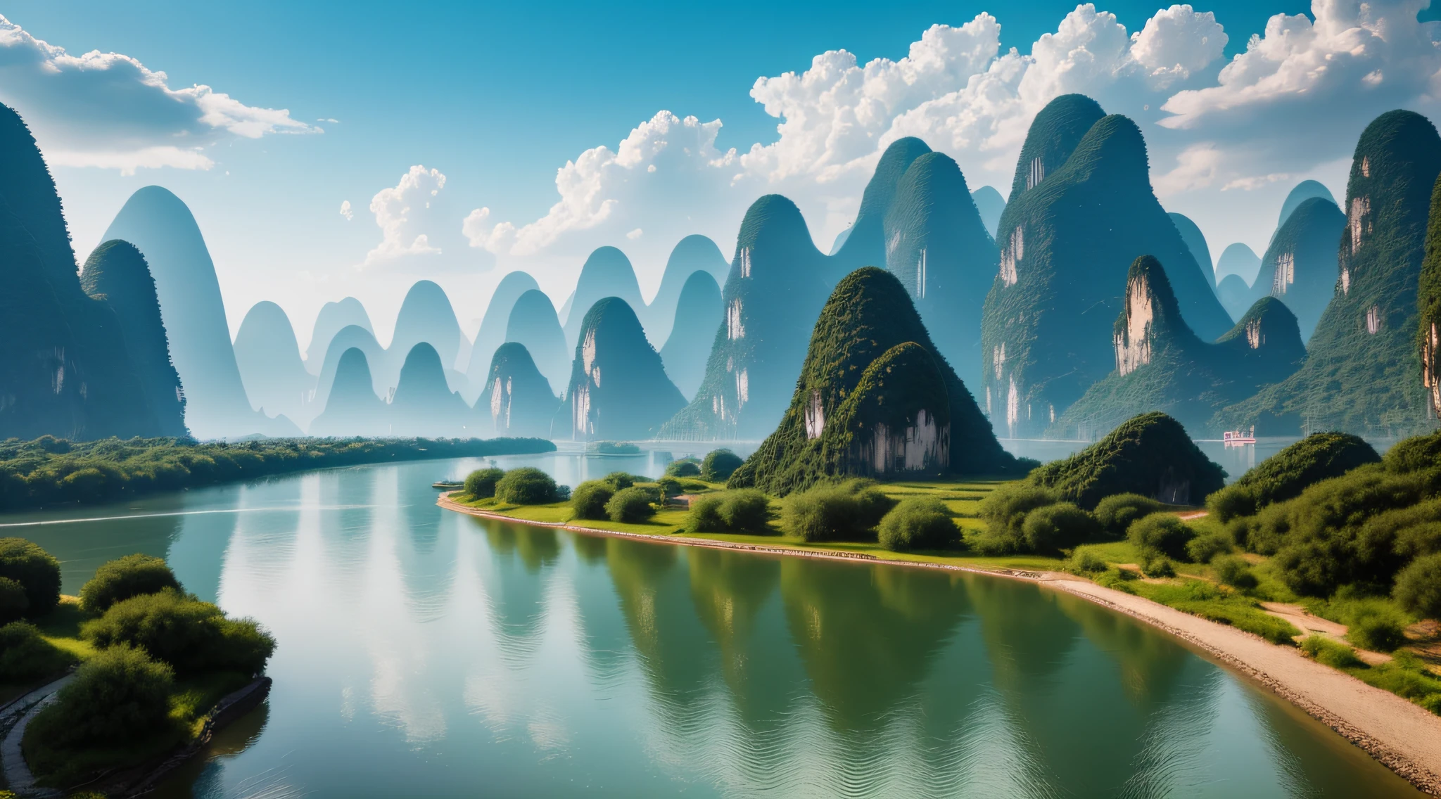 The Li River in the face is crystal clear, and the Guilin peaks on both sides of the river bank are towering into the clouds, each with its own characteristics, and the fairyland-like scenery is intoxicating. There are also several small boats boating on the river, enjoying the beauty of the surroundings along the way. There is also an old bridge in the distance, an ancient tower, which adds to the historical and cultural atmosphere of the picture. Realistic, 8K UHD, Studio Quality, Ultra Realistic, Maximum Detail, Massive Scale, Post-Process, Photorealistic, Photoshop, Photography, Detailed, Cinematic Lighting, Landscape, Panorama, Landscape, Ray Tracing, Cinema4D