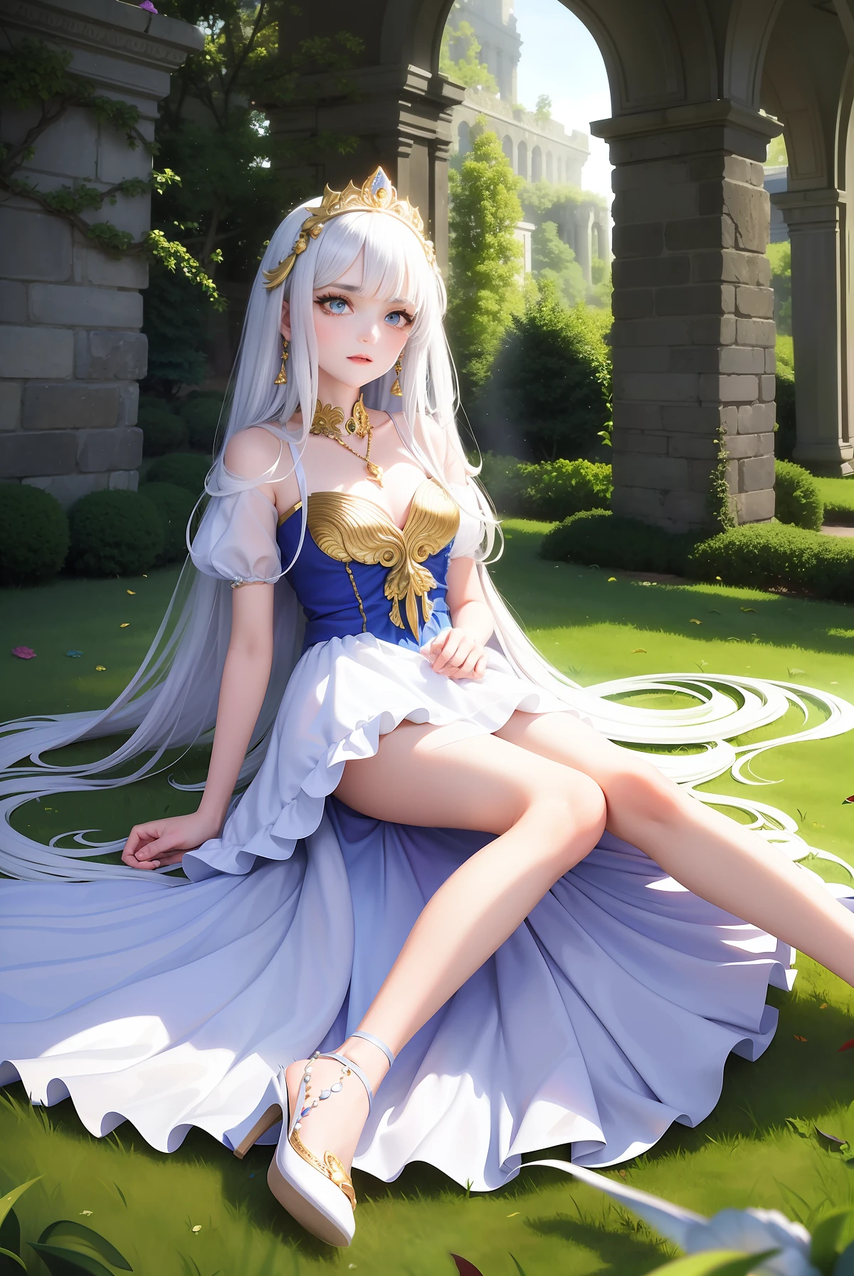A princess, beautiful face, slightly sleeping eyes, long beautiful eyelashes, perfect body proportions, slender legs, delicate and beautiful hands, exquisite colorful dress, dress white lace, white silk stockings, crystal shoes, silver-gold long hair, soft long hair, sleeping on the ruins, the scene is a broken palace ruin, thorns grow around, peacock feathers decorated with dress, banshee eyes made into gold necklace, small crown