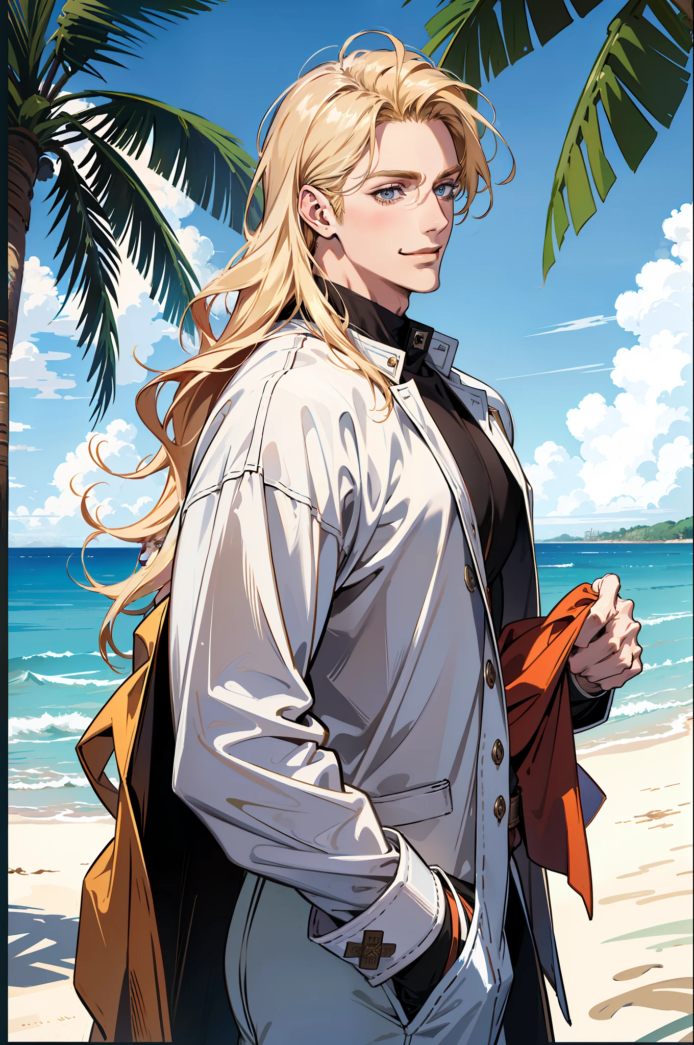 (absurdres, highres, ultra detailed), 1 male, adult, handsome, tall muscular guy, broad shoulders, finely detailed eyes and detailed face, casual clothes, Beach, palm tree, smile, dutch angle, from side, wavy blonde hair