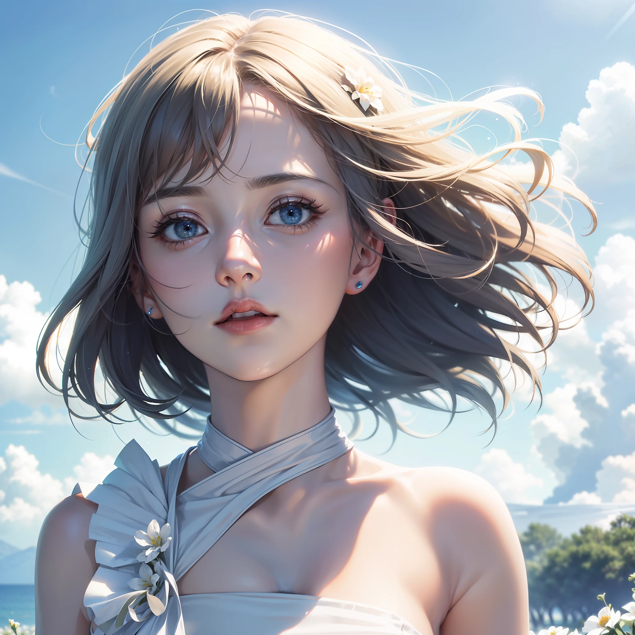 (film grain:1.5), 8K raw photo, Best quality, masterpiece, ultra high res, (photorealistic:1.4), professional lighting, 1girl, solo, high-end white dress, (looking at the sky:1.2), natural skin texture, realistic eye and face details, blue background, pocari advertisement photography, holding flowers