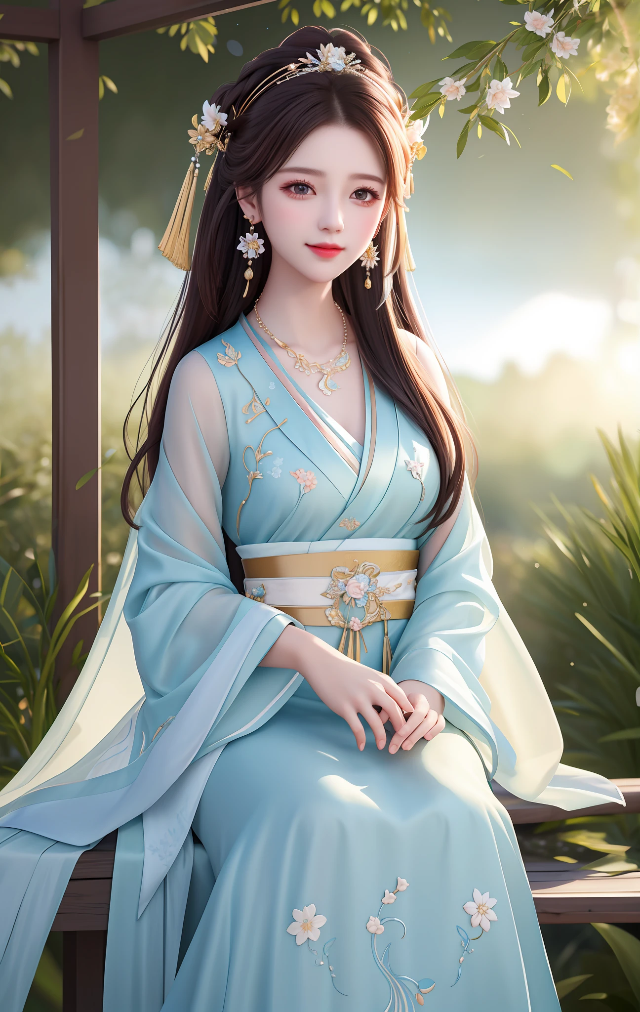 Best quality, masterpiece, high resolution, 1girl, transparent silk porcelain dress, hair accessories, looking at the audience, smiling, closing your mouth, lips, dress, hair accessories, necklaces, jewelry, hanfu, long hair, earrings, beautiful face, on _body, tyndall effect, realism, edge lighting, two-tone lighting, (high detail skin: 1.2), 8k uhd, DSLR, soft light, high quality, volumetric lighting, sneak peek, photo, high resolution, 4k, 8k, background bokeh, In the garden, in the morning