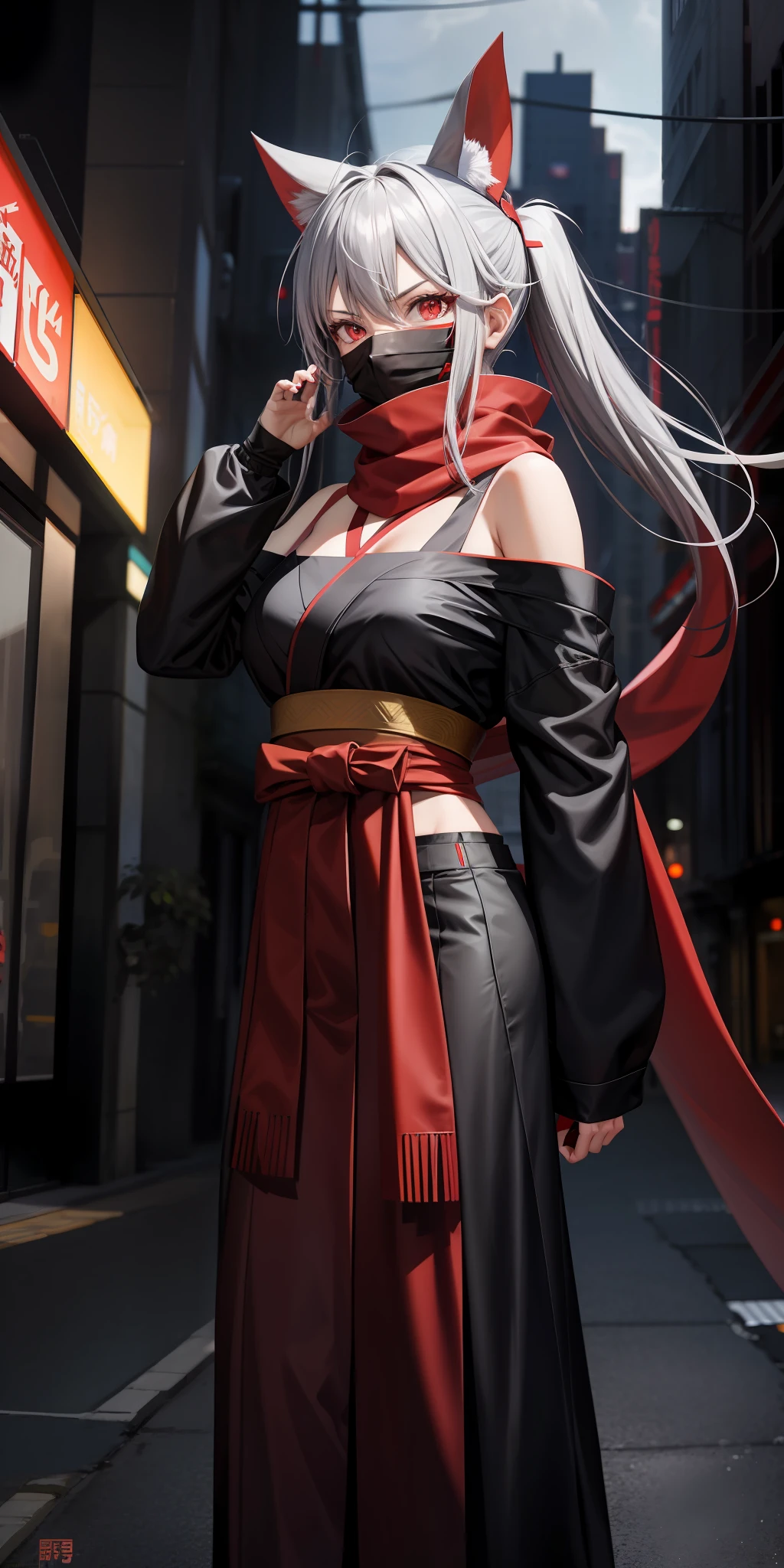 anime, single girl, gray hair, red eyes, female ninja, red long long scarf, stylish pose, red mask, off-shoulder, hakama