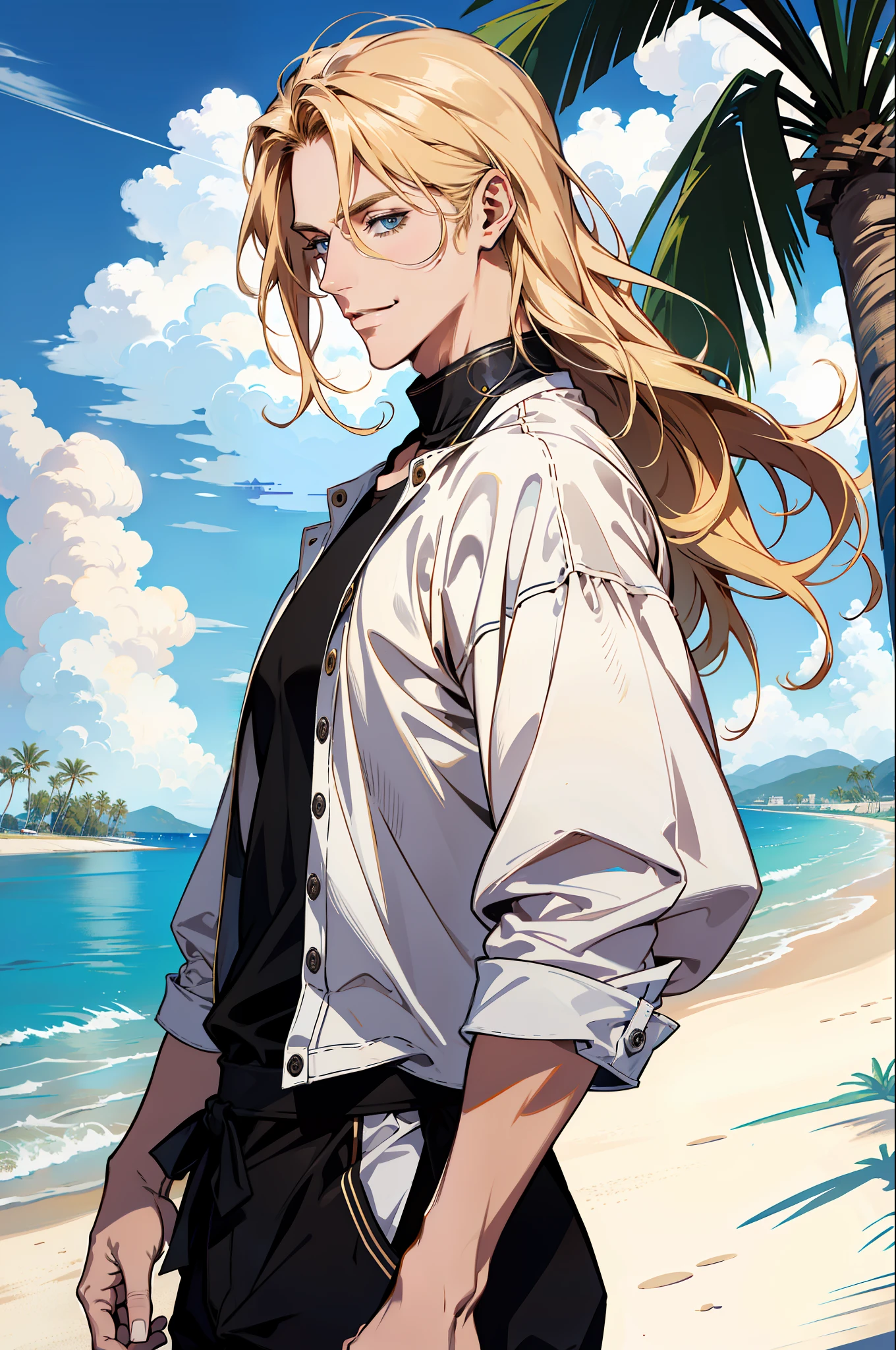 (absurdres, highres, ultra detailed), 1 male, adult, handsome, tall muscular guy, broad shoulders, finely detailed eyes and detailed face, casual clothes, Beach, palm tree, smile, dutch angle, from side, wavy blonde hair