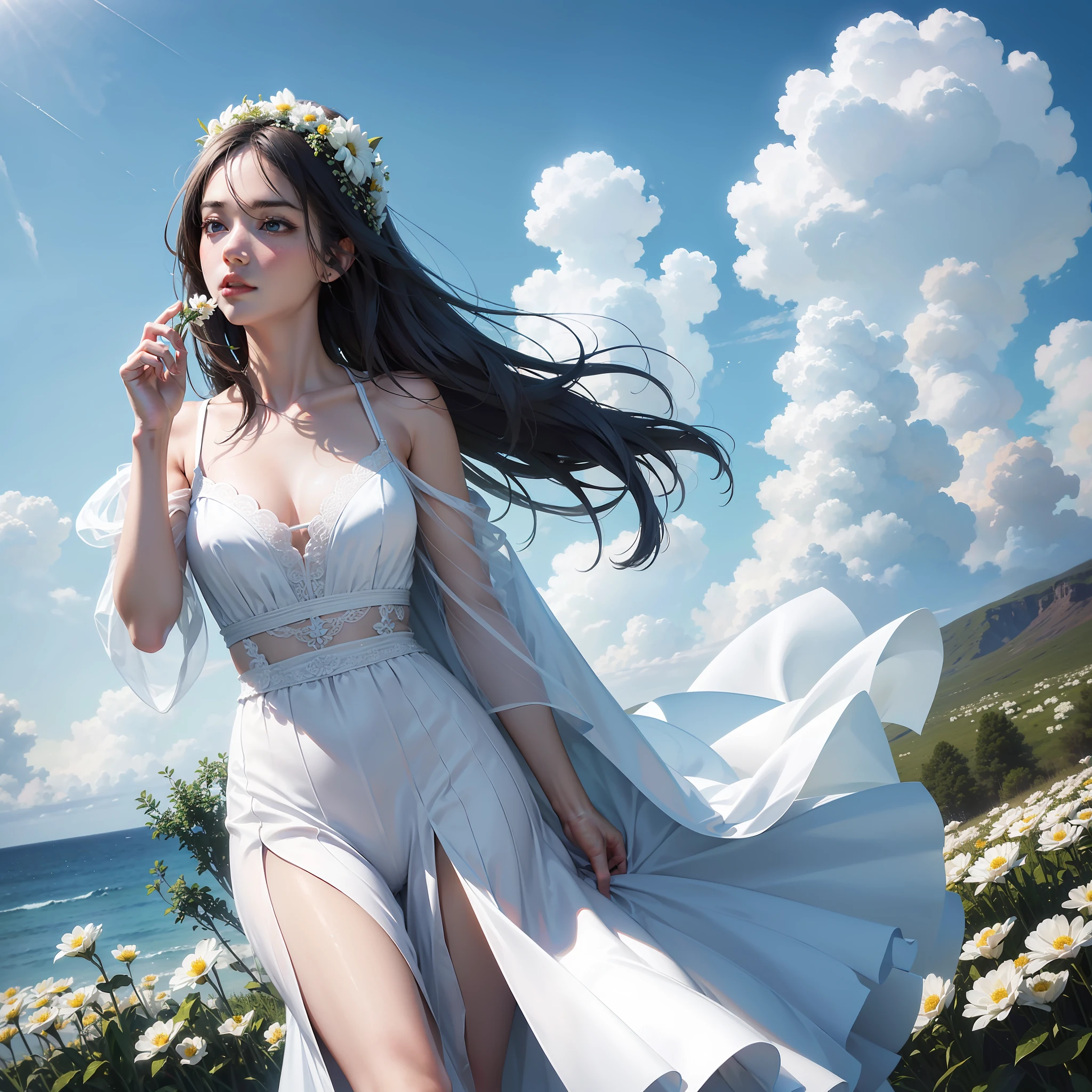 (film grain:1.5), 8K raw photo, Best quality, masterpiece, ultra high res, (photorealistic:1.4), professional lighting, 1girl, solo, high-end white dress, (looking at the sky:1.2), natural skin texture, realistic eye and face details, blue background, pocari advertisement photography, holding flowers