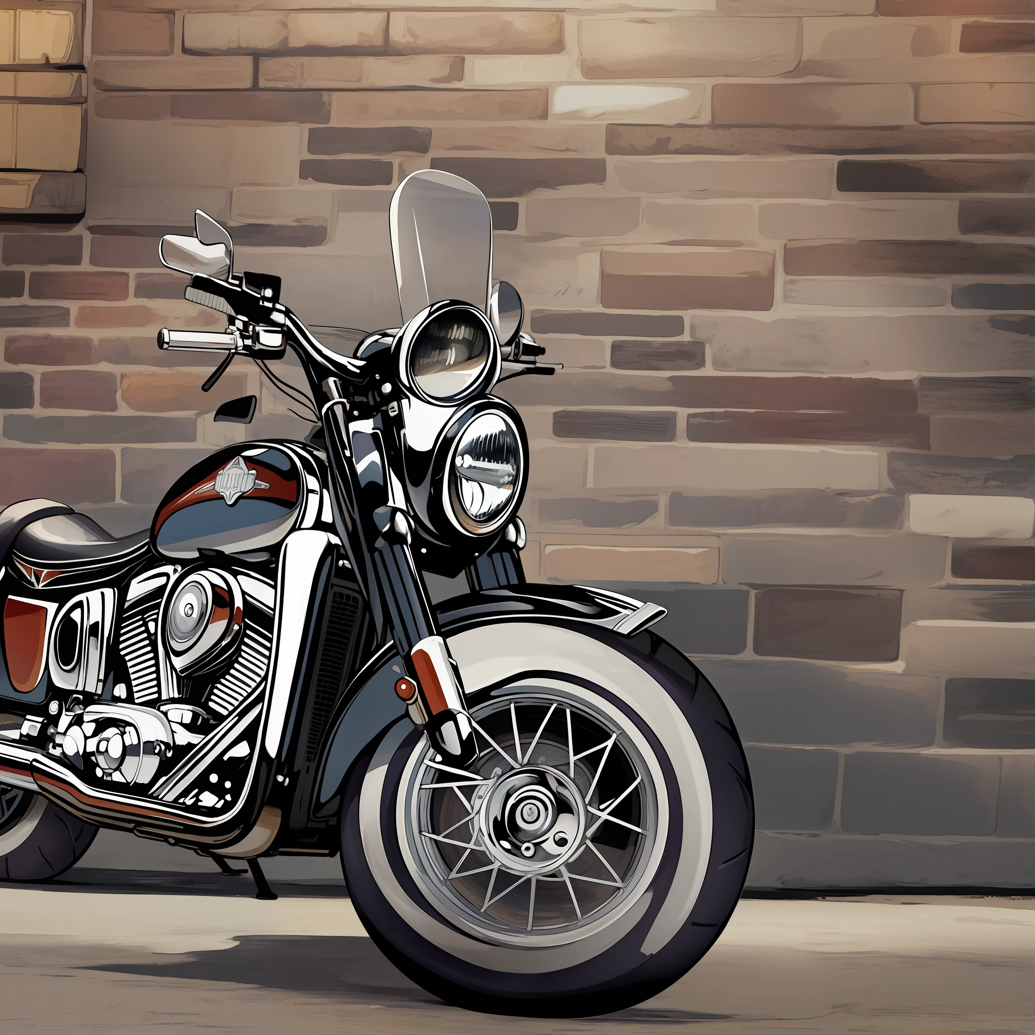((Masterpiece)) (Illustration:1.3) Harley davidson vintage The design captures all the iconic elements of the motorcycle, from the classic shape to the authentic details such as headlights, chrome exhausts and spoked wheels., (No Human:1.3)