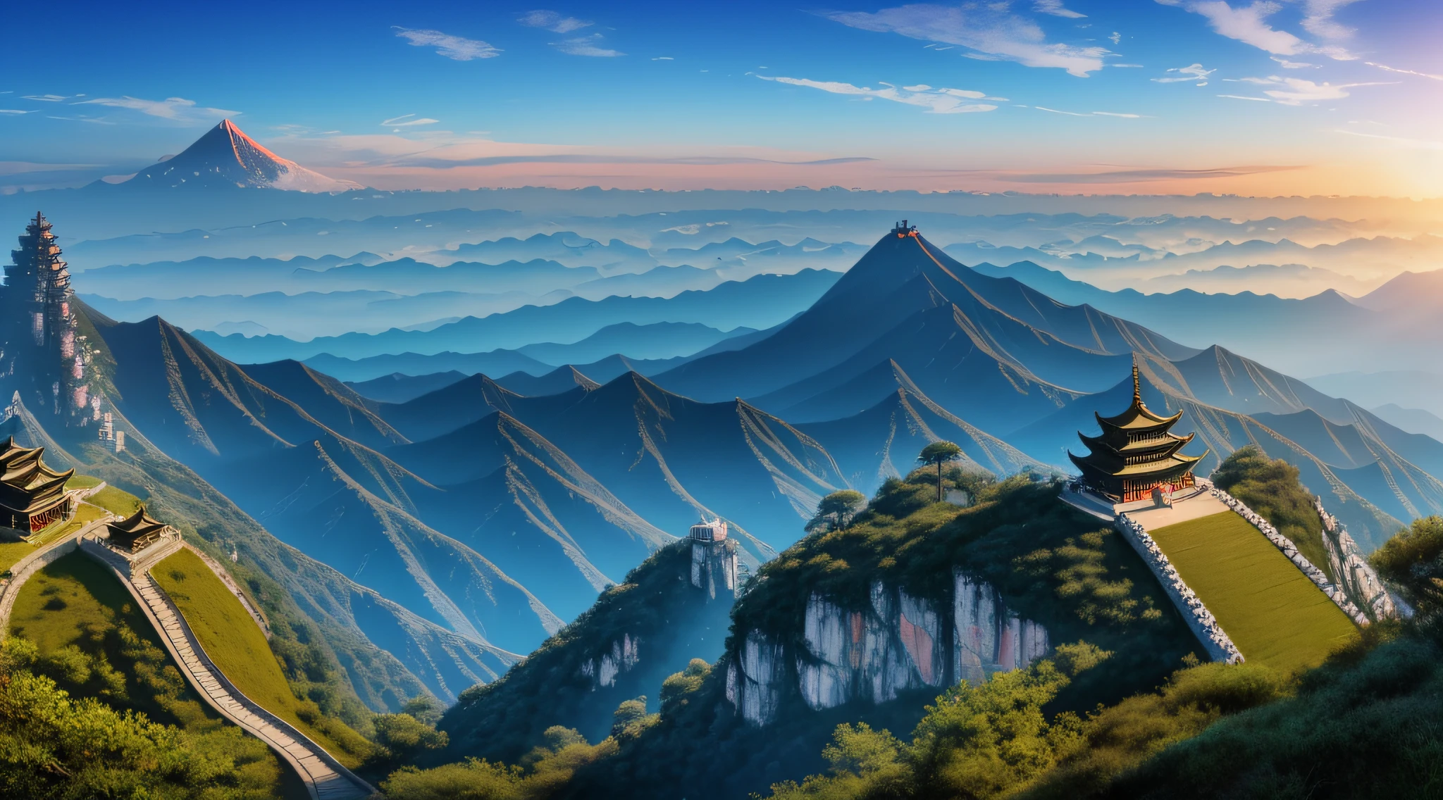 Mount Tai is towering and full of clouds, and the top of the mountain is covered with white clouds, as if in a fairyland. There are also several climbers in the picture, climbing on a steep mountain road, which is amazing. There is also an ancient temple in the picture, which adds to the historical and cultural atmosphere of the picture. This painting vividly shows the magnificence and magic of Mount Tai, making people feel the majesty and magnificence of Mount Tai. Realistic, 8K UHD, Studio Quality, Ultra Realistic, Maximum Detail, Massive Scale, Post-Process, Photorealistic, Photoshop, Photography, Detailed, Cinematic Lighting, Landscape, Panorama, Landscape, Ray Tracing, Cinema4D