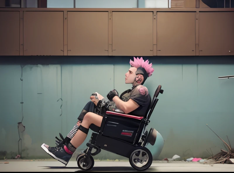 Severely disabled, completely paralyzed young male punk rocker with brain damage sitting strapped into a bulky wheelchair. --auto --s2
