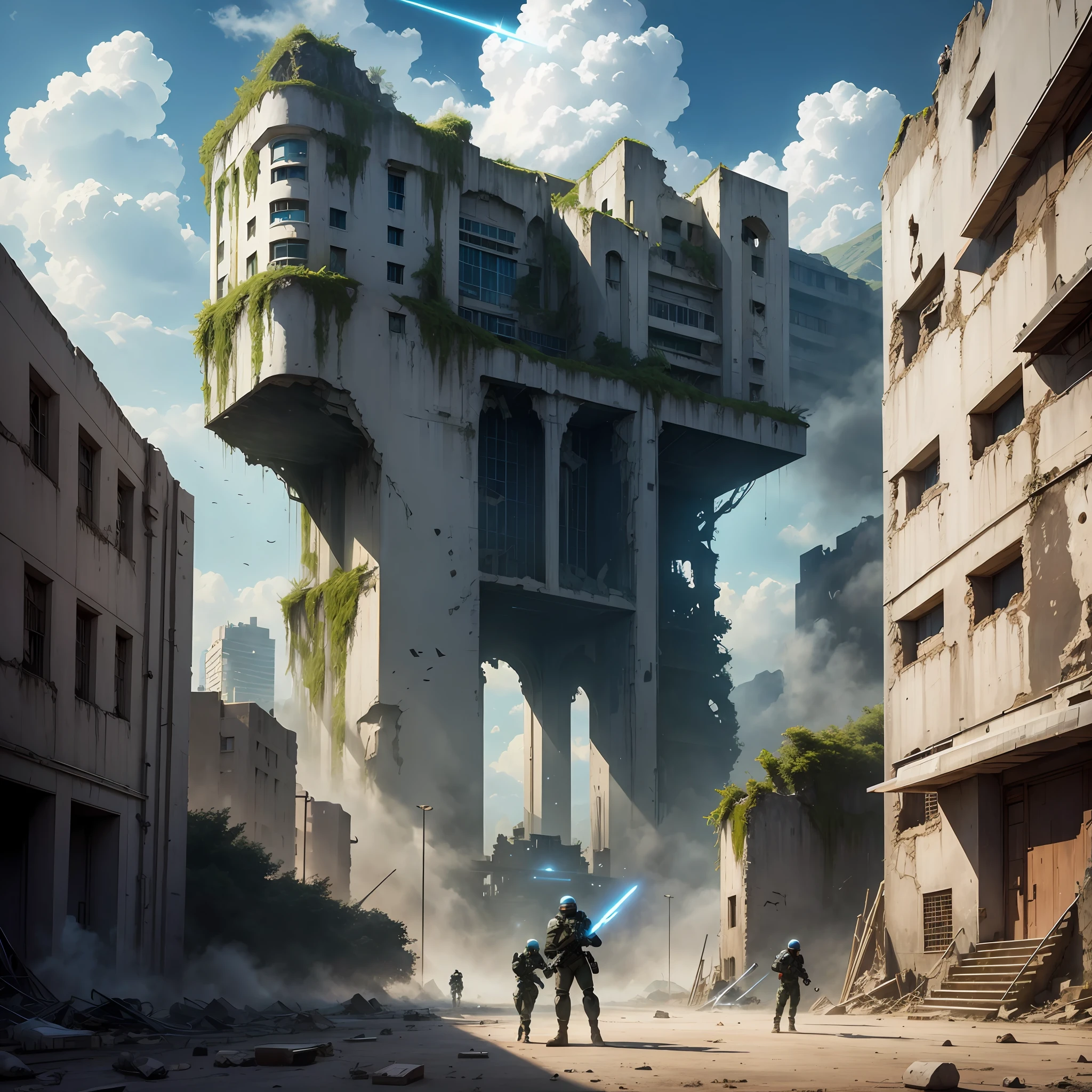 SWAT new humans, armed with laser swords, fighting alien creatures, the background is a ruins of the city, UFO falls on the building, --auto --s2