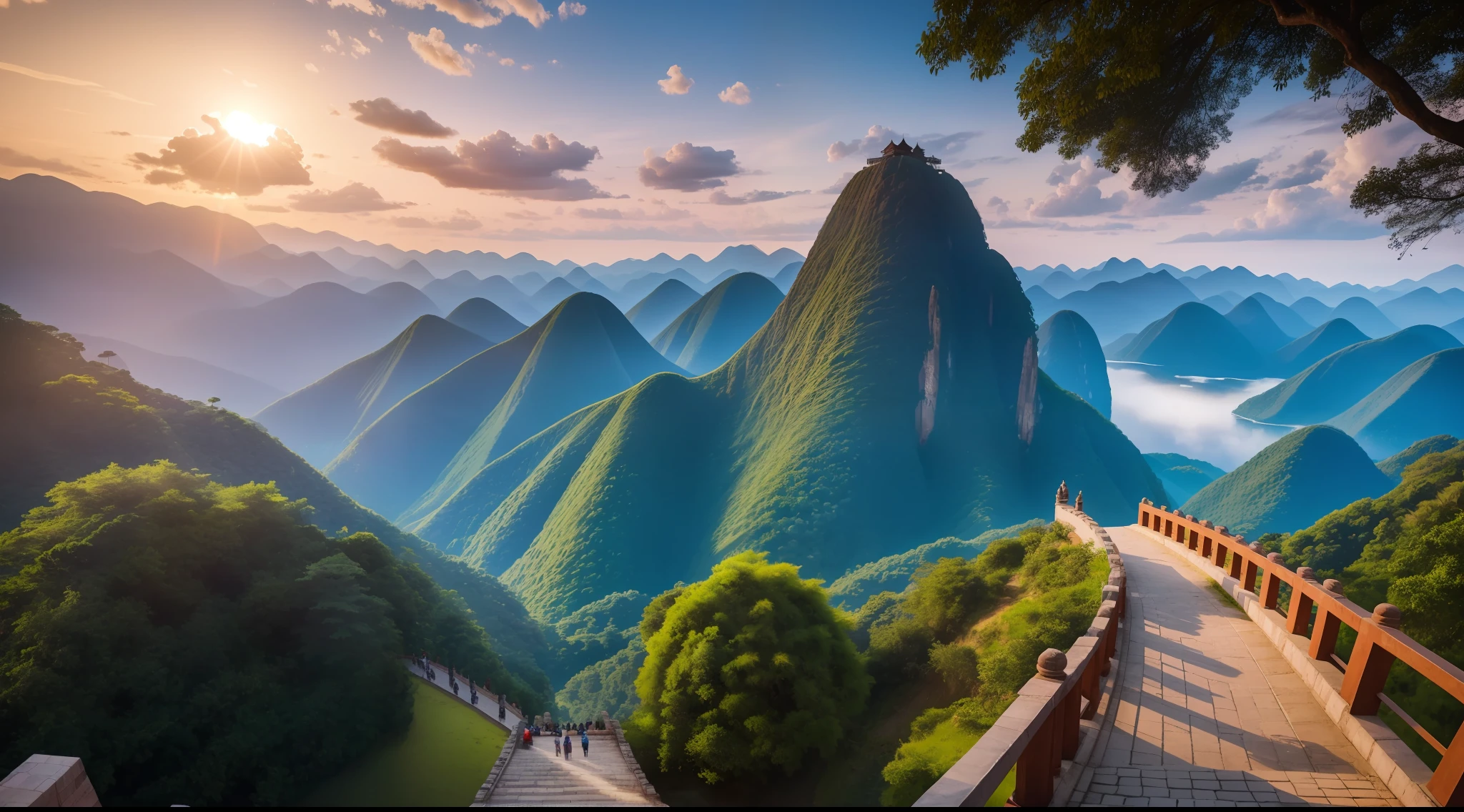In the picture, the Leshan Buddha stands high among the lofty mountains and mountains, towering and spectacular. In the picture, several tourists stop in front of the Big Buddha to see it, feeling the thick atmosphere of history and culture. There is also an ancient temple in the picture, which adds to the tranquility and solemnity of the picture. Realistic, 8K UHD, Studio Quality, Ultra Realistic, Maximum Detail, Massive Scale, Post-Process, Photorealistic, Photoshop, Photography, Detailed, Cinematic Lighting, Landscape, Panorama, Landscape, Ray Tracing, Cinema4D