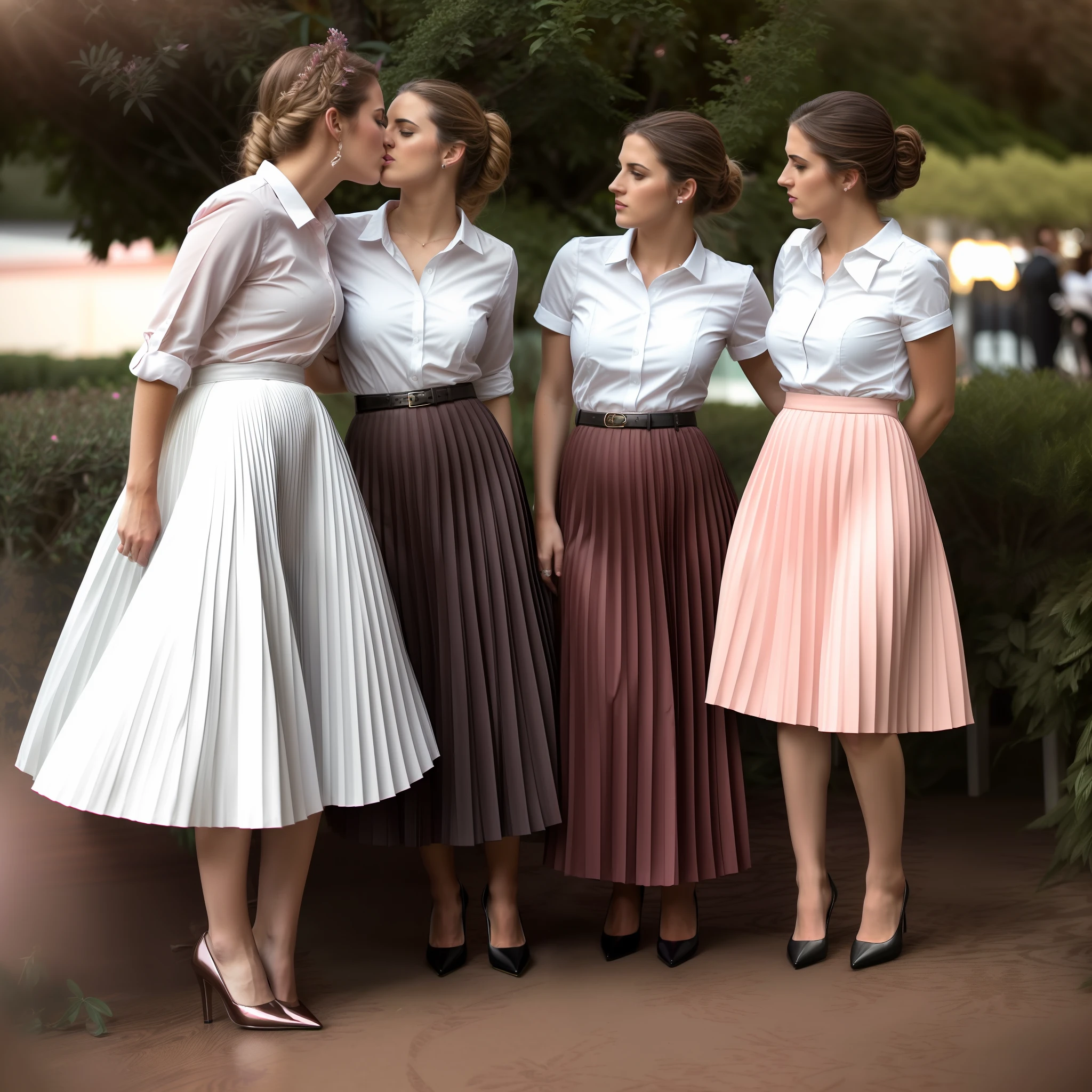 extremely detailed high definition documentary photograph of tender, compassionate, kind, flirty, shy, attractive, pretty, cute, passionate women who desperately need to kiss and love and adore beautiful women, all wearing long pleated skirts and girly low heeled office shoes