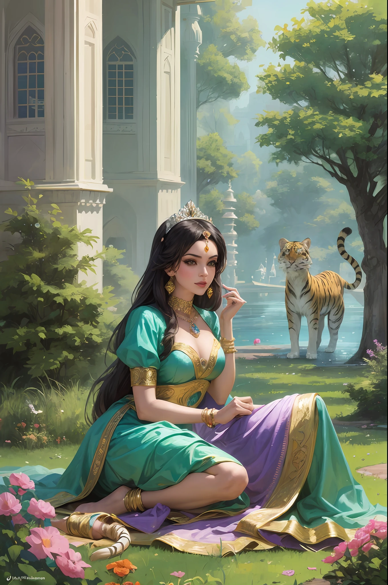 princess jasmine living in a pixel world, with a pixel Taj mahal in the background, a pixel tiger in the backyard --auto --s2