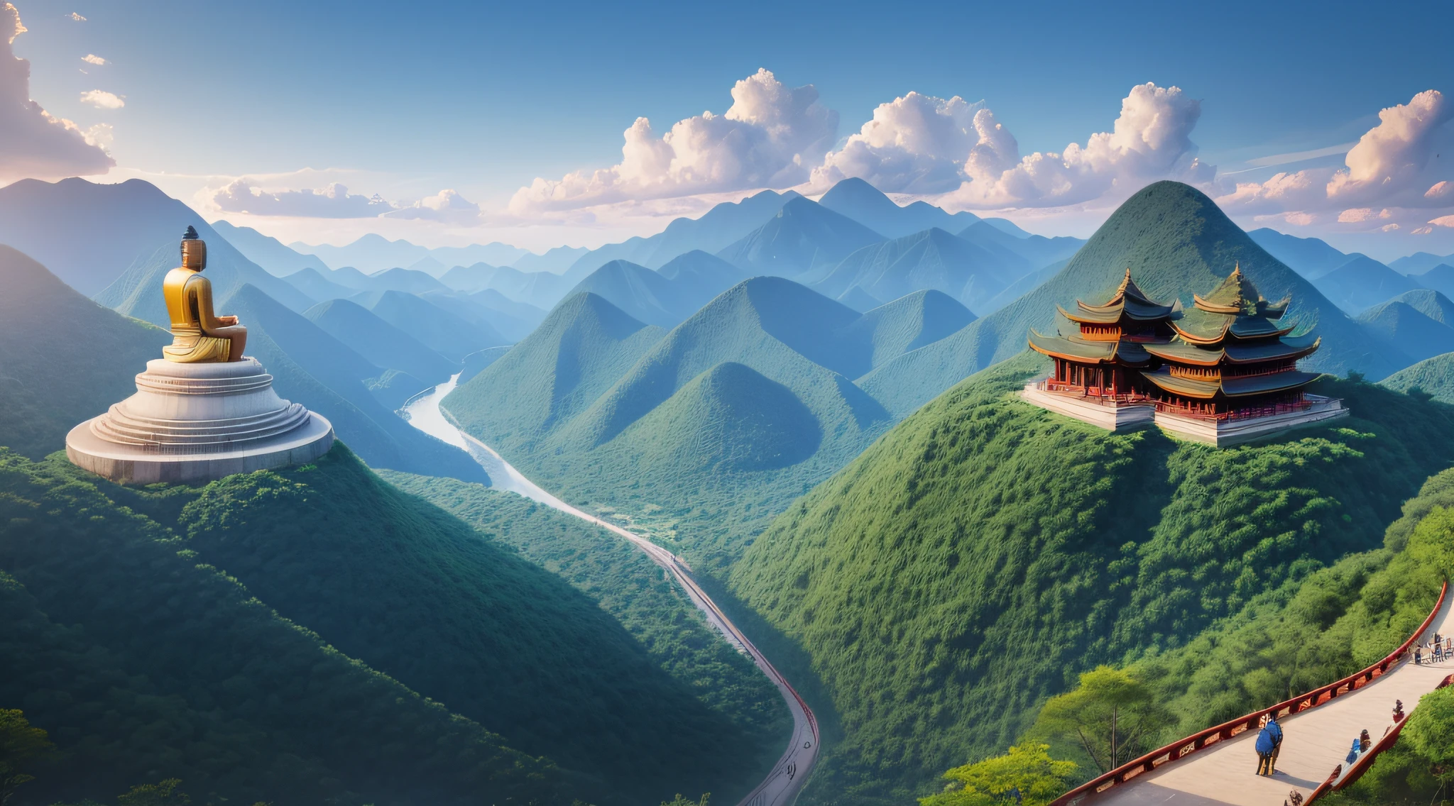 In the picture, the Leshan Buddha stands high among the lofty mountains and mountains, towering and spectacular. In the picture, several tourists stop in front of the Big Buddha to see it, feeling the thick atmosphere of history and culture. There is also an ancient temple in the picture, which adds to the tranquility and solemnity of the picture. Realistic, 8K UHD, Studio Quality, Ultra Realistic, Maximum Detail, Massive Scale, Post-Process, Photorealistic, Photoshop, Photography, Detailed, Cinematic Lighting, Landscape, Panorama, Landscape, Ray Tracing, Cinema4D