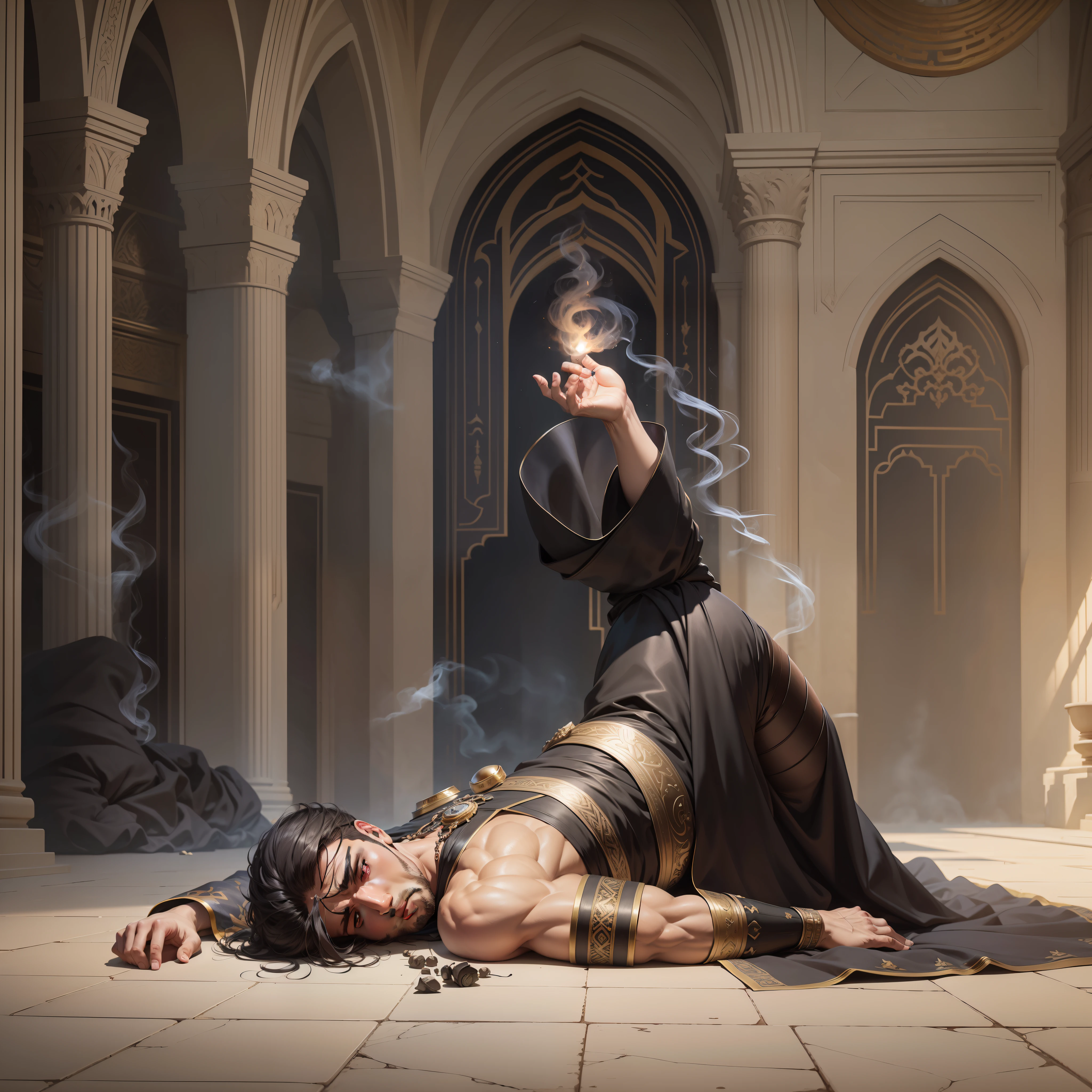 Realistic image of a strong man, Arab features, lying on the floor of a palace, wounded and killed, dressed in black cleric's robes with shoulder pads, smoke billowing from clothes, anime character style art