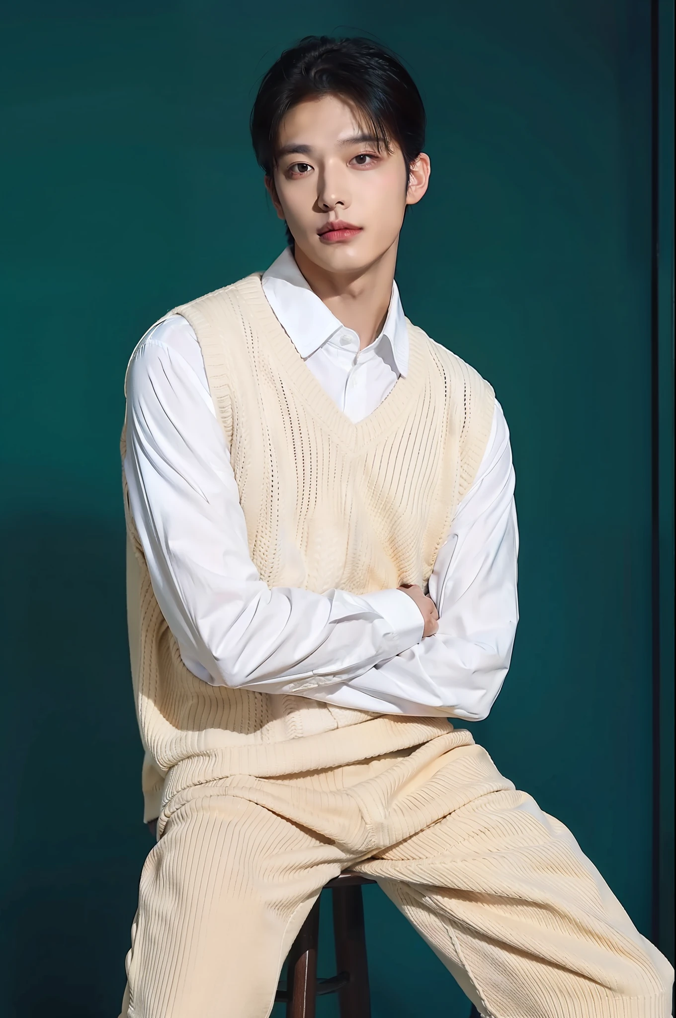 masterpiece, best quality, 1boy, solo, collared shirt, white shirt, sweater vest, tie, short sleeves, half body, looking at viewer