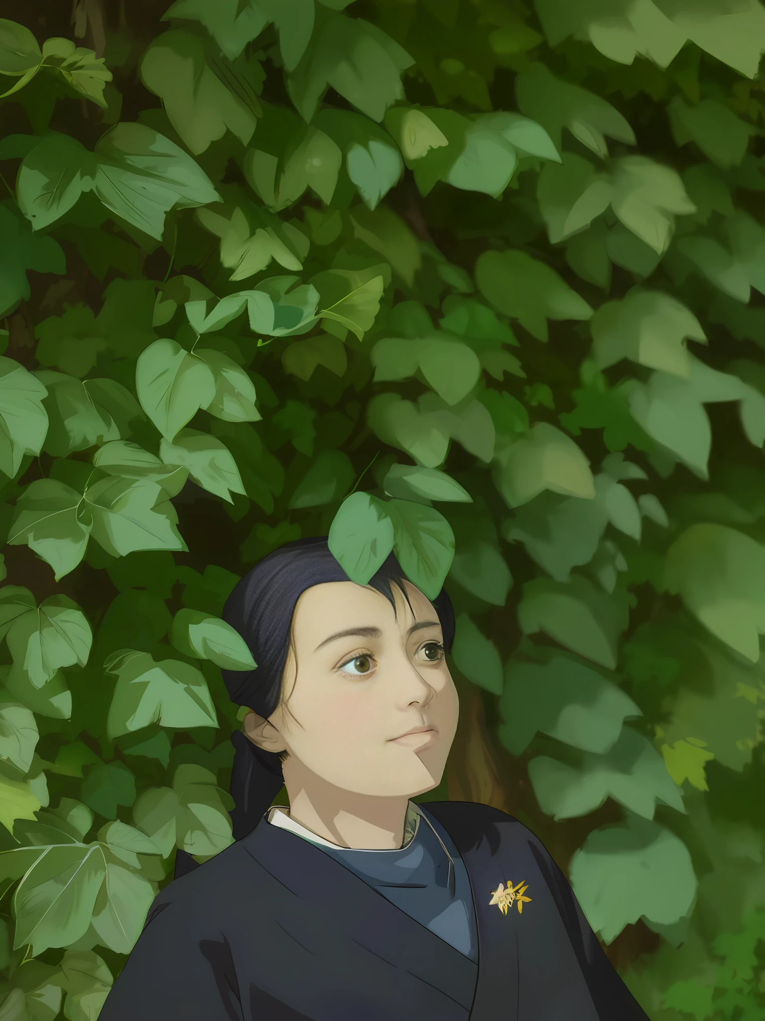 Two-dimensional, two-dimensional painting, pure hand-painted, 20-year-old girl, making funny expressions, wearing colorful Hanfu, leaning against the wall full of green leaves, high definition, super detailed, clear lines, delicate colors. The sun shines through the leaves and shines on the face.