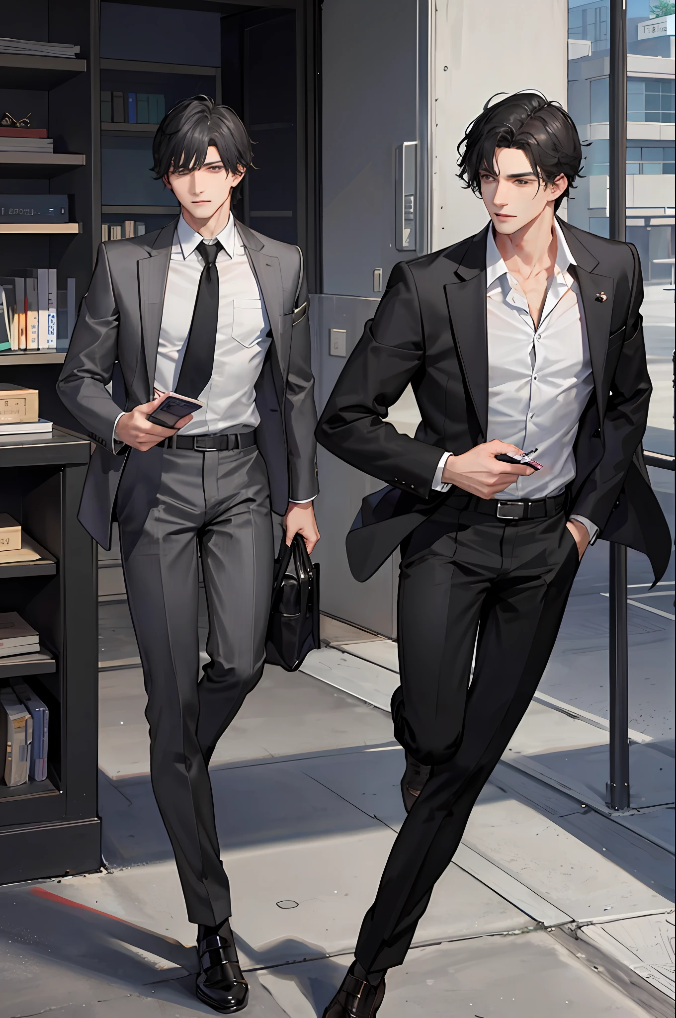 1boy, [detailed background (campus, college, library)], black hair, jet black hair, short black hair, korean hairstyle, neat hairstyle, lean and muscular male, alpha male, masculine male, tall male ((man wears a gray suit, gray trousers)) holding briefcase)), correct limbs, correct anatomy, handsome, Eye details, beautiful eyes, delicate eyes, grey eyes, broad chest, broad shoulders, tiny waist, long legs, serious face