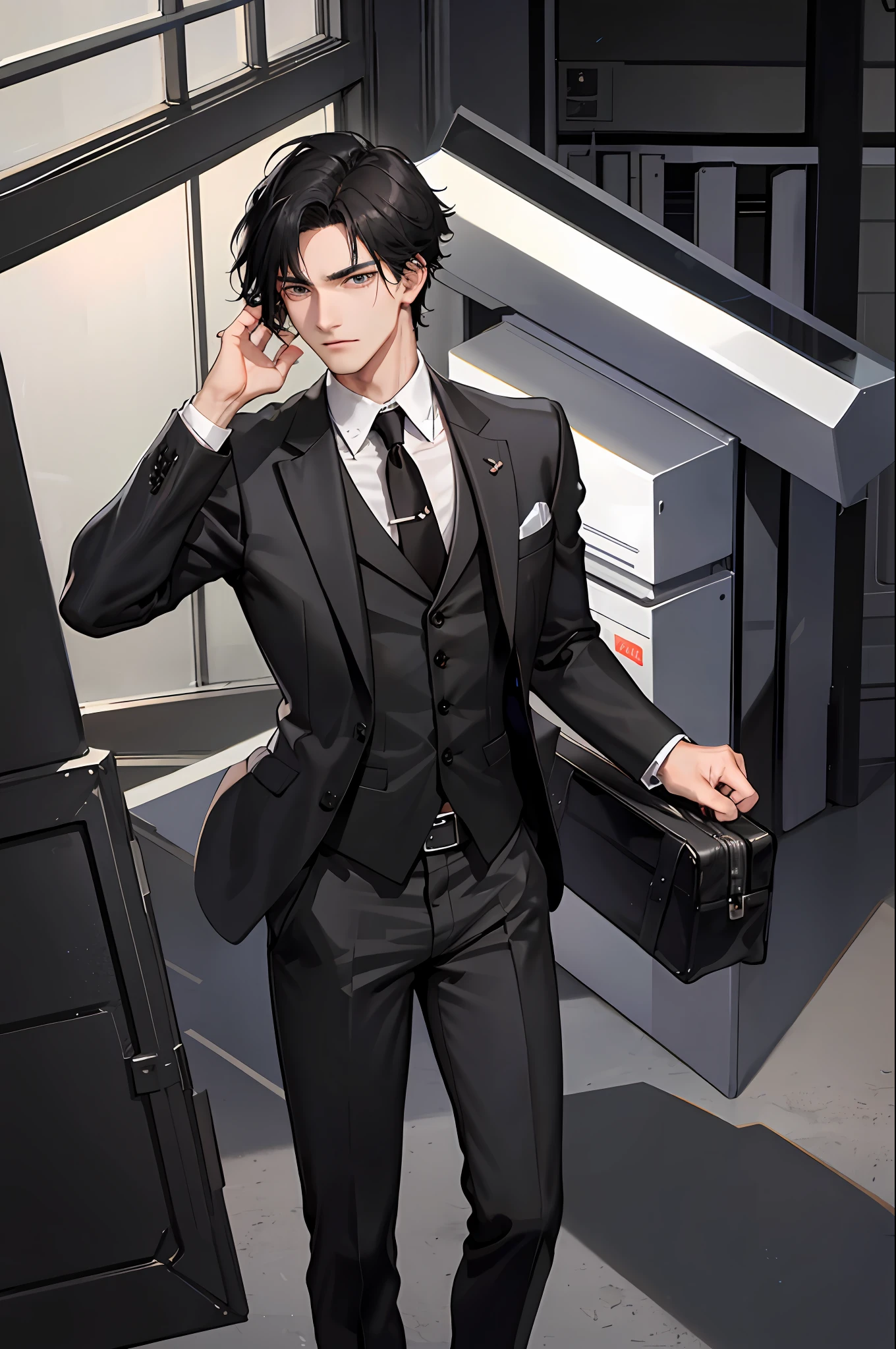 1boy, [detailed background (campus, college, library)], black hair, jet black hair, short black hair, korean hairstyle, neat hairstyle, lean and muscular male, alpha male, masculine male, tall male ((man wears a gray suit, gray trousers)) holding briefcase)), correct limbs, correct anatomy, handsome, Eye details, beautiful eyes, delicate eyes, grey eyes, broad chest, broad shoulders, tiny waist, long legs, serious face
