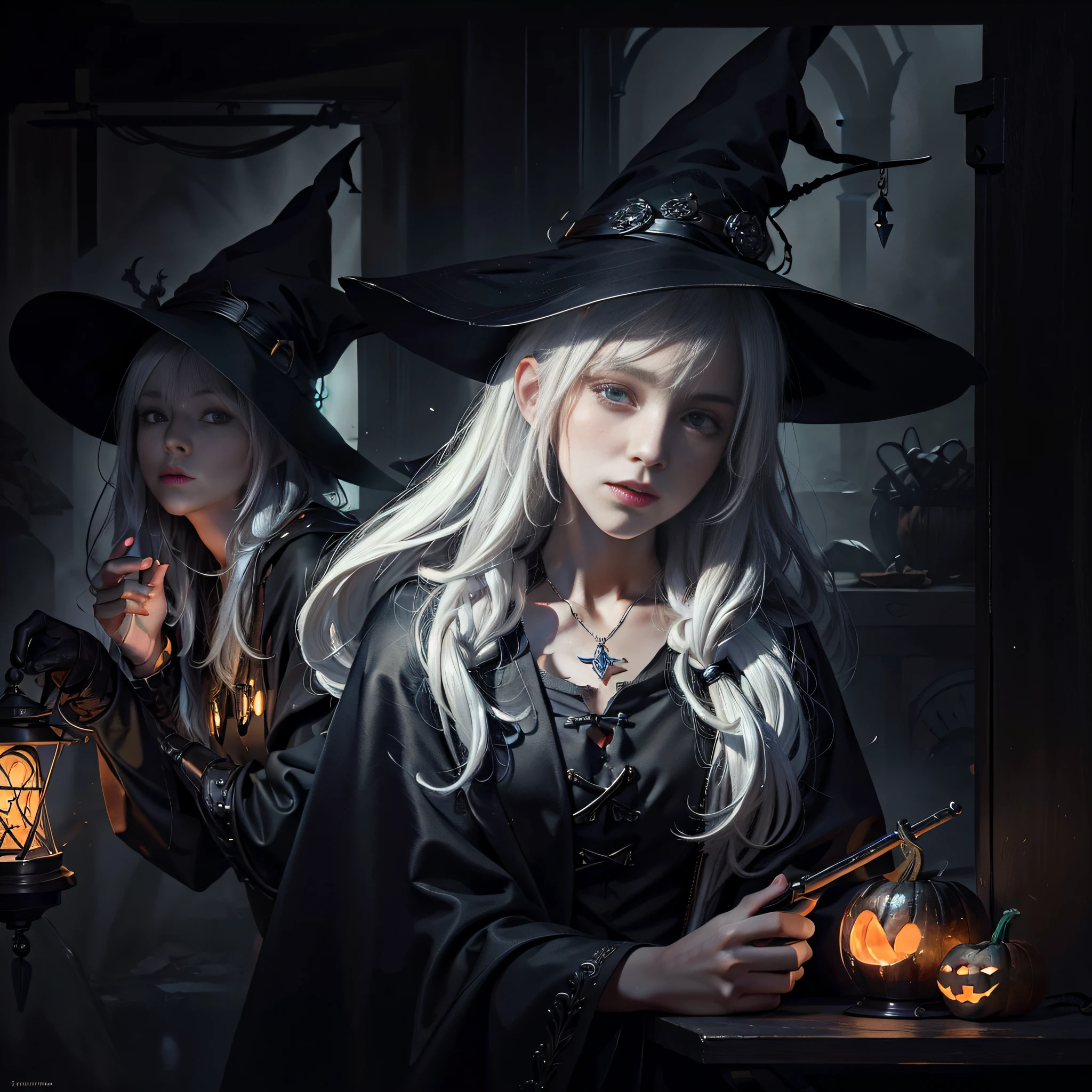 (masterpiece), (best quality), photorealism, realistic, ultra detailed, 8k resolution, (1girl), solo, beautiful girl, white hair, witch, front light, cinematic light, cold light, dark background, witch hat, indoor, mystery, fantasy, pumkin