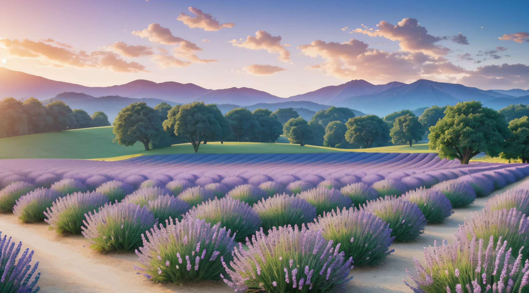 In the picture, a large field of lavender flowers extends into the distance, and the sea of purple flowers shimmers in the sun, making people feel a sense of tranquility and romance. There are also several butterflies flying among the lavender in the picture, which adds to the beauty and vitality of the picture. This painting vividly shows the beauty and romance of lavender, making people feel a sense of tranquility and peace. Realistic, 8K UHD, Studio Quality, Ultra Realistic, Maximum Detail, Massive Scale, Post-Process, Photorealistic, Photoshop, Photography, Detailed, Cinematic Lighting, Landscape, Panorama, Landscape, Ray Tracing, Cinema4D